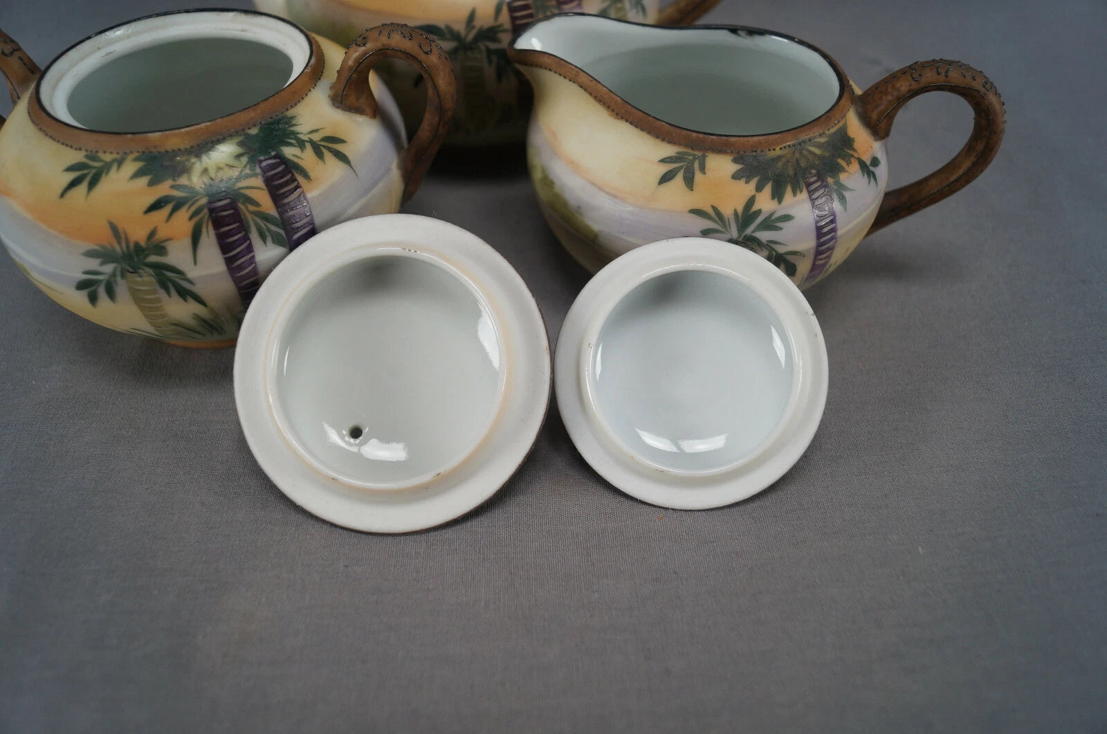 Nippon Hand Painted Landscape Scene Palm Trees Enamel Teapot Creamer & Sugar | eBay