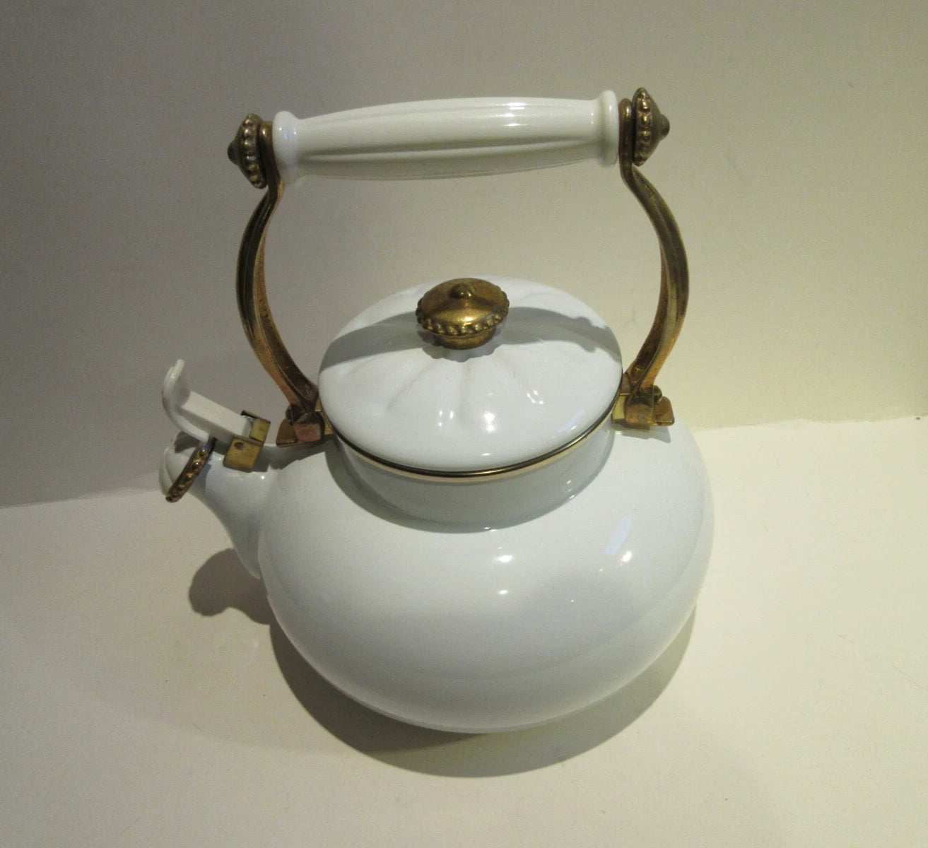 Via Ancona Teapot White Enamel and Antique Brass Finish Whistling Kettle 1998 | eBay