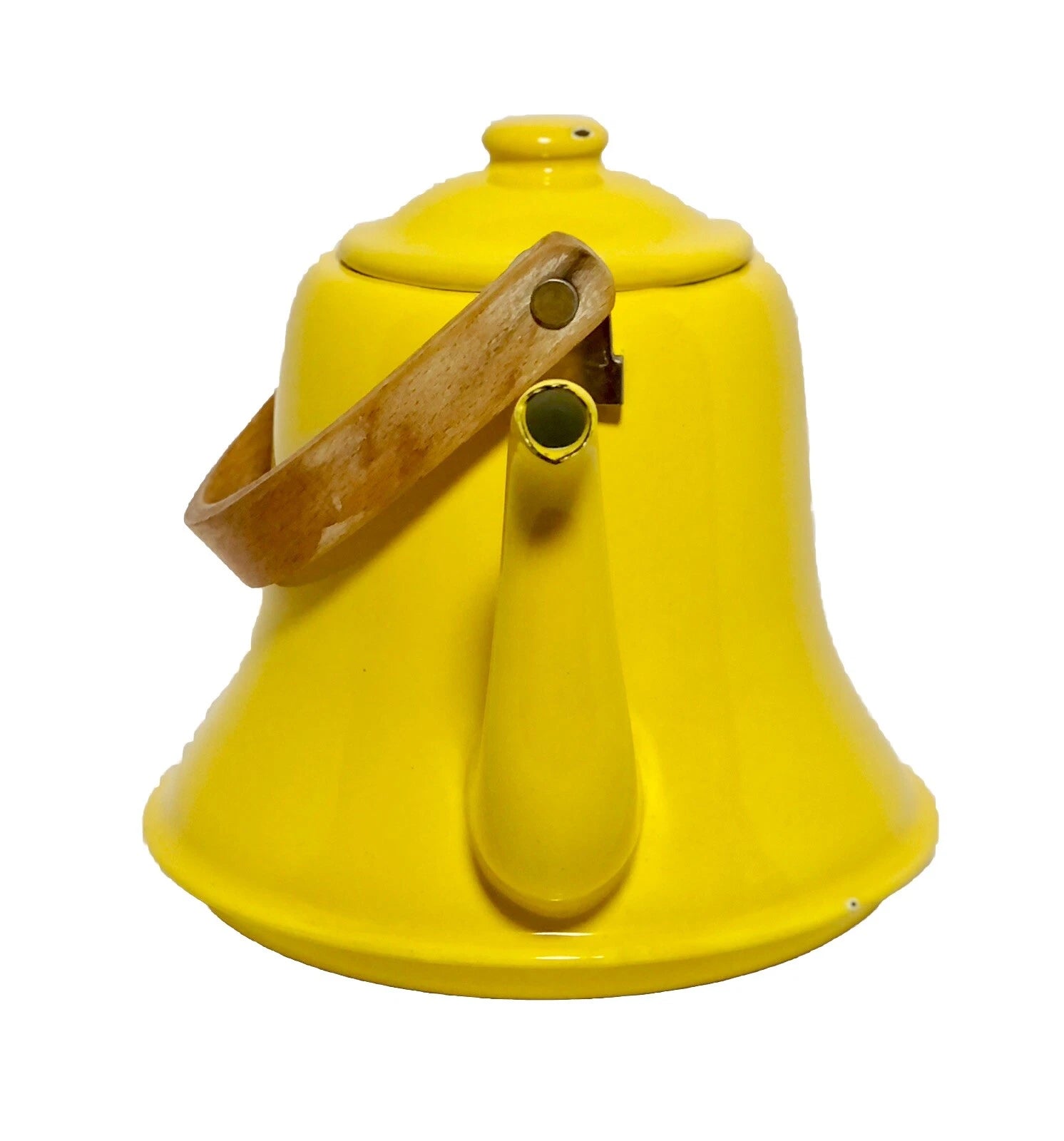 Vintage MCM Vibrant Yellow Enamel Tea Pot Teak Bent Wood Handle | eBay
