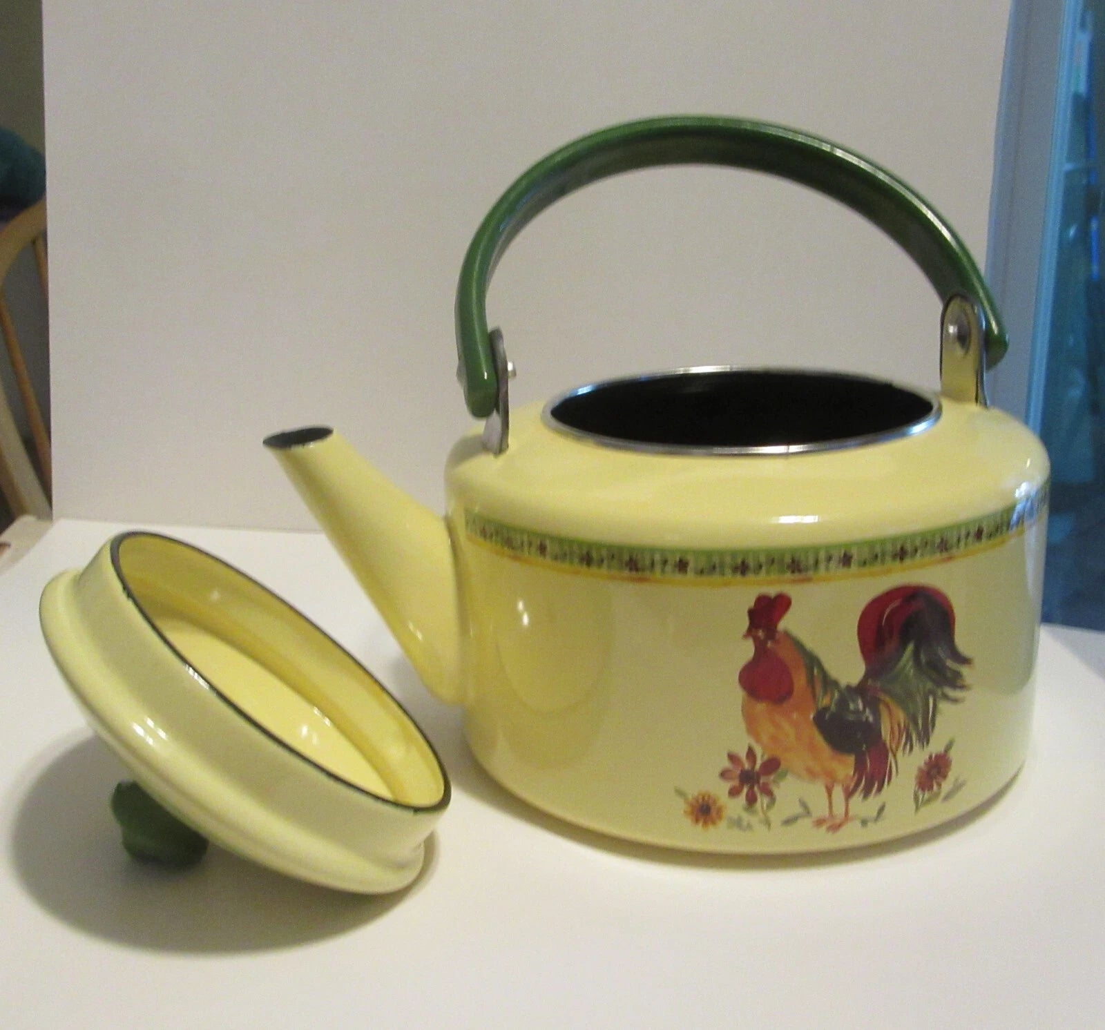 Rooster with flowers painted enamel Metal Tea Pot never used | eBay