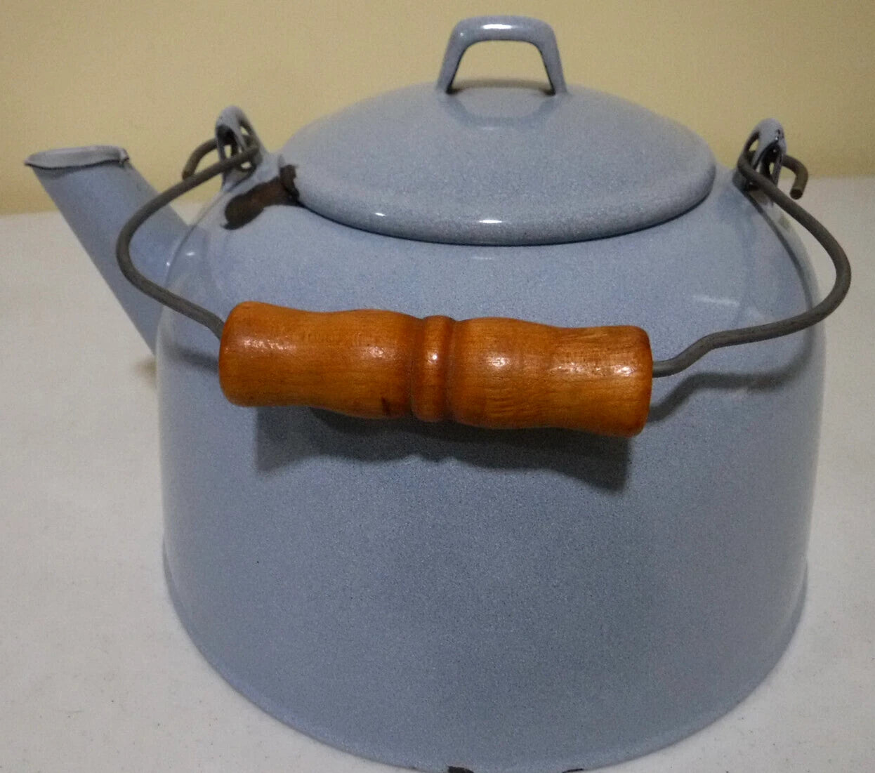 Vintage Enamel Light Blue Speckled Teapot with Wood Handle | eBay