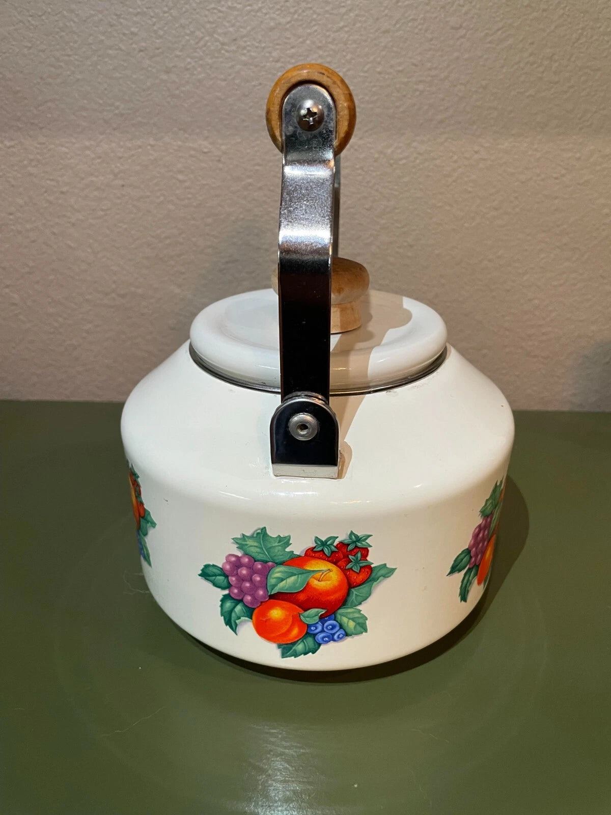 Vintage Old Enamel Porcelain Fruit Harvest Wood Handle Teapot Kettle | eBay