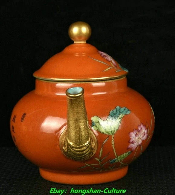 7" Qianlong Red Glaze Enamel Colour Porcelain Gold Lotus Wine Tea Pot Flagon | eBay