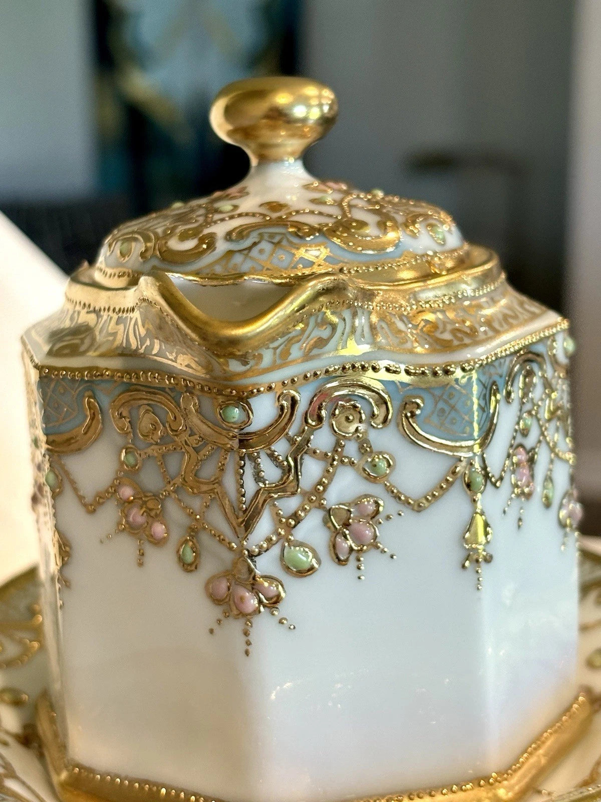 Esquisite NIPPON MORIAGE TEAPOT & UNDERPLATE GOLD ENAMEL - BEADING | eBay