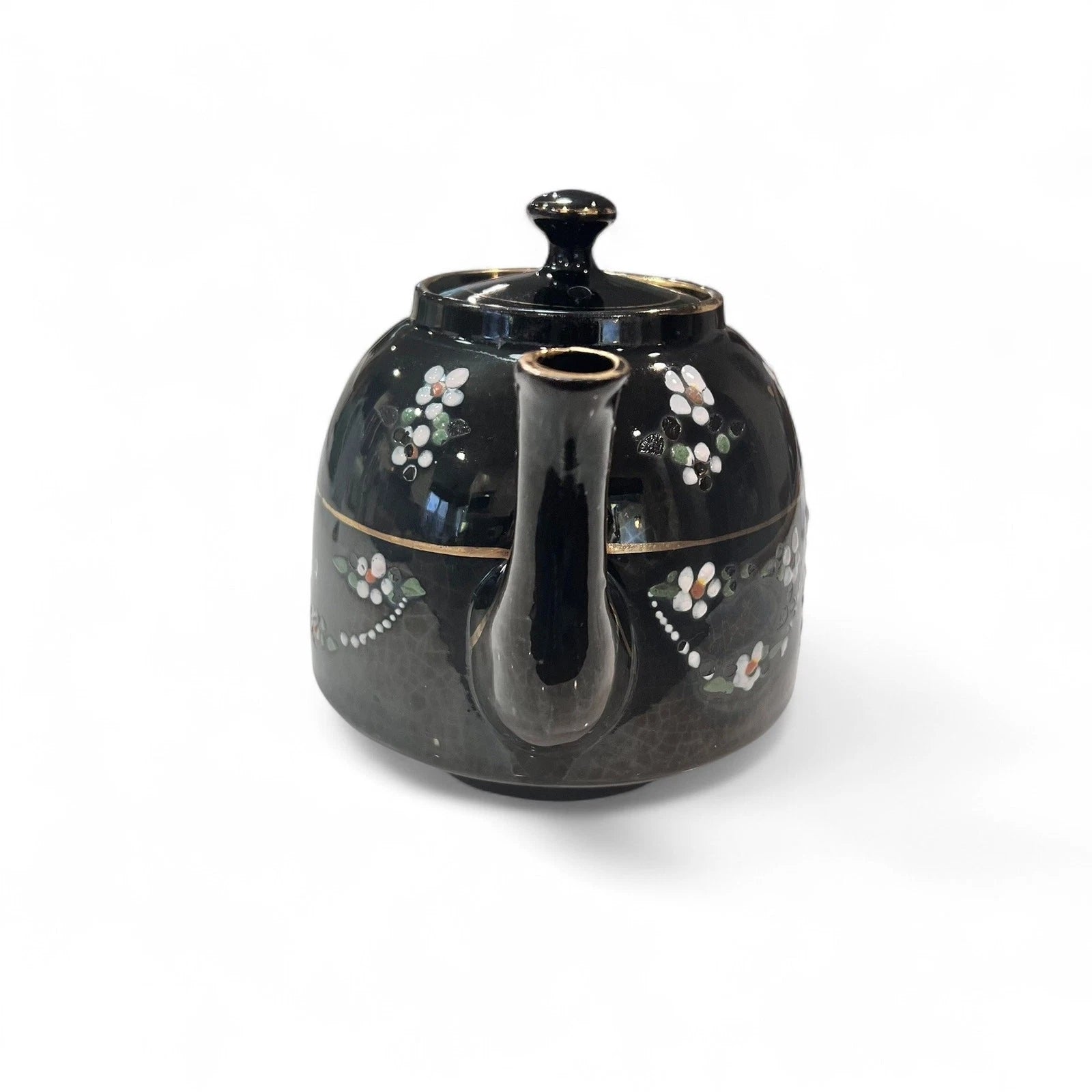 Vintage Black Glazed Teapot with Hand Painted Enamel Flowers & Gold Trim c1930s | eBay