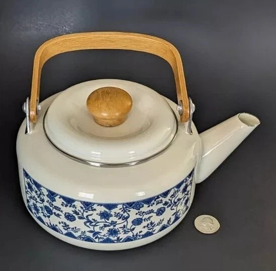 Charming White Enamel Ware Blue Flowers 9” w Spout Teapot Beautiful Excellent | eBay