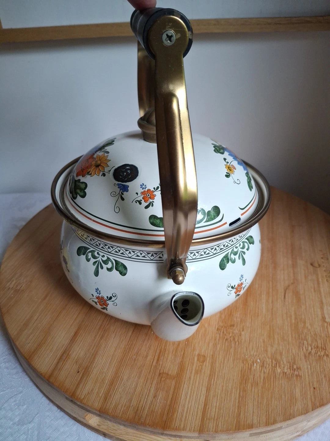 Vtg Enamel Ware Floral Teapot Kettle With Wooden Handle Normandy | eBay
