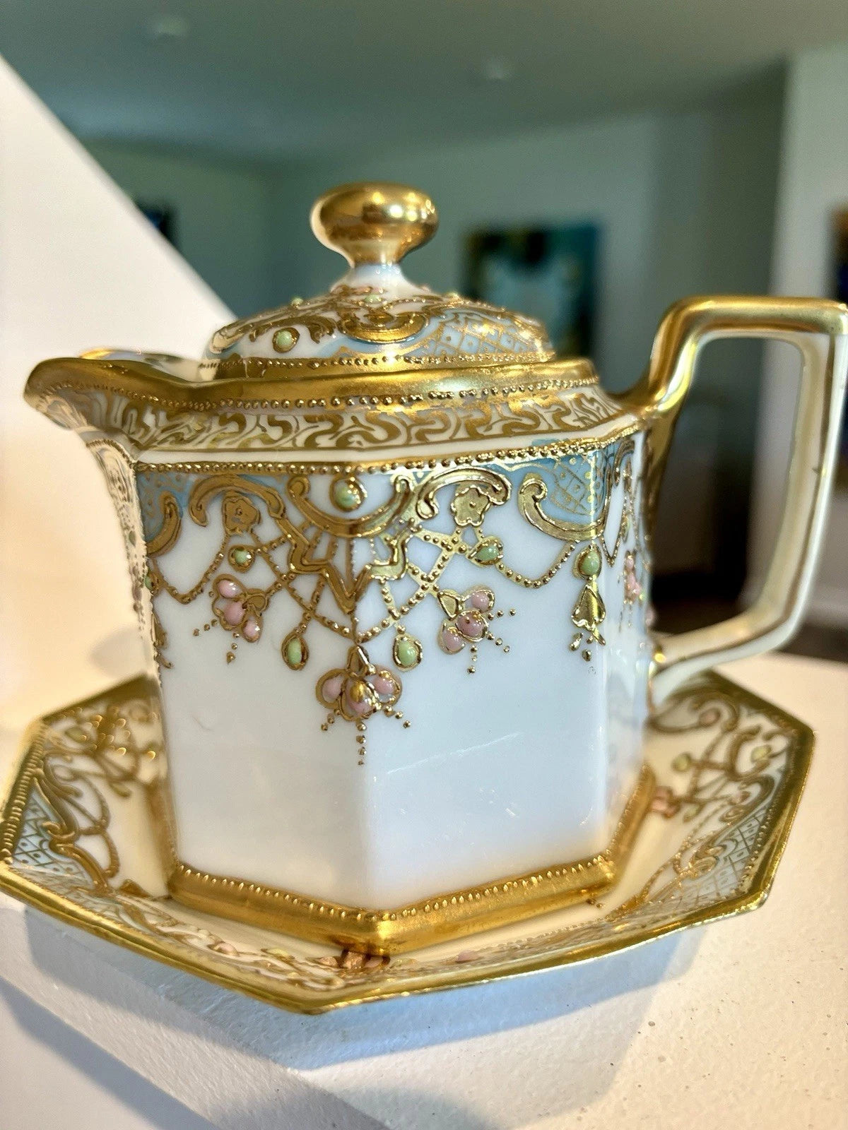 Esquisite NIPPON MORIAGE TEAPOT & UNDERPLATE GOLD ENAMEL - BEADING | eBay