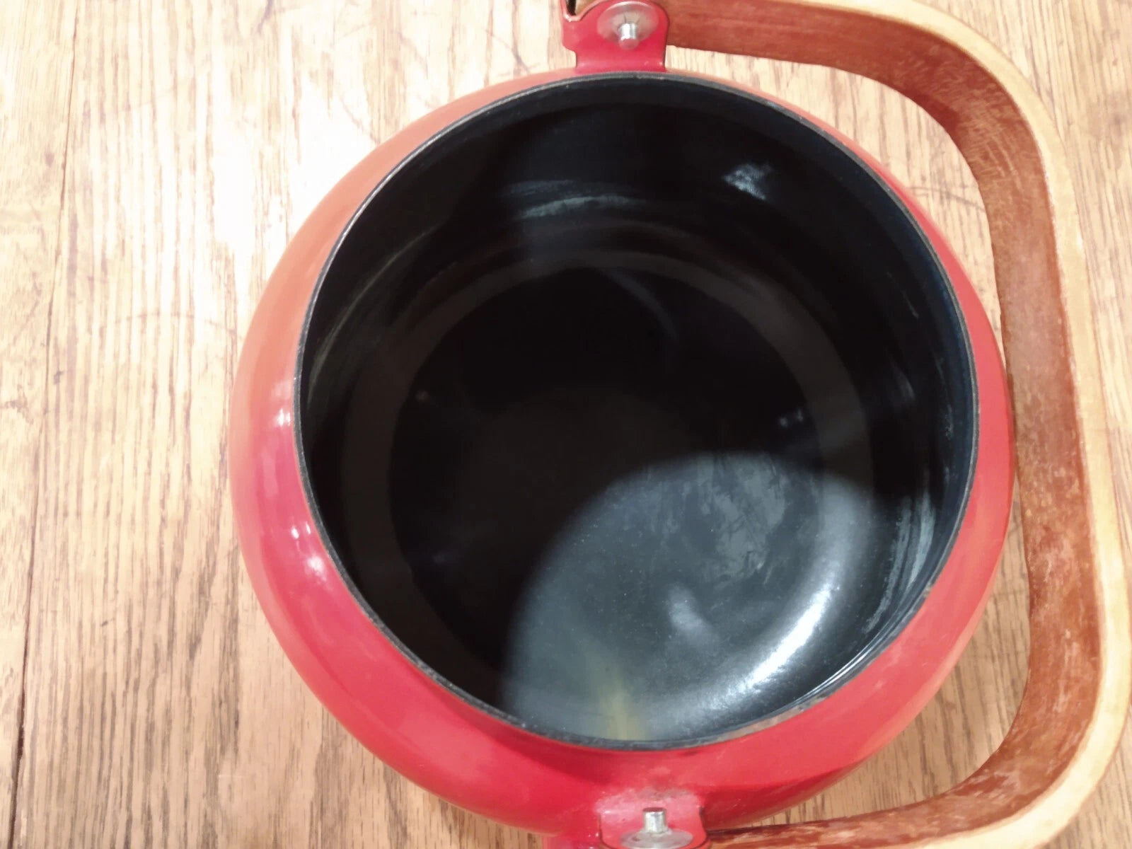 Vintage RED enamel ware Tea Pot Kettle Bent Wood Handle Retro, Mid Century | eBay