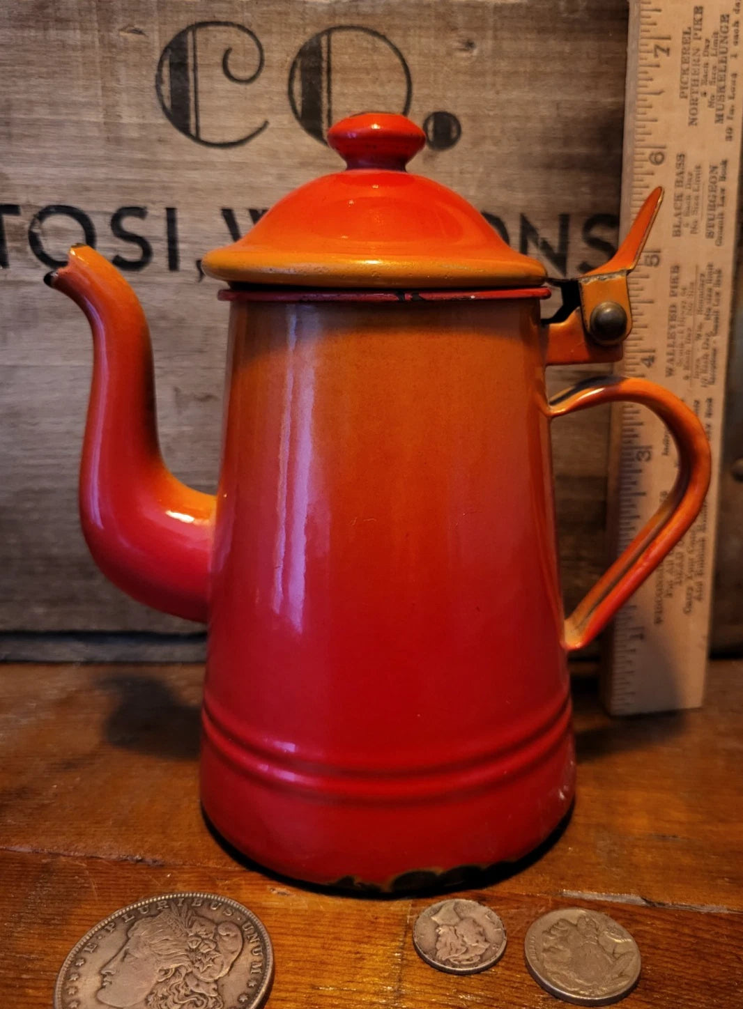 Vintage Enamel Tea Coffee Pot Orange Red Enamelware Hinged Lid Bassano Italy | eBay