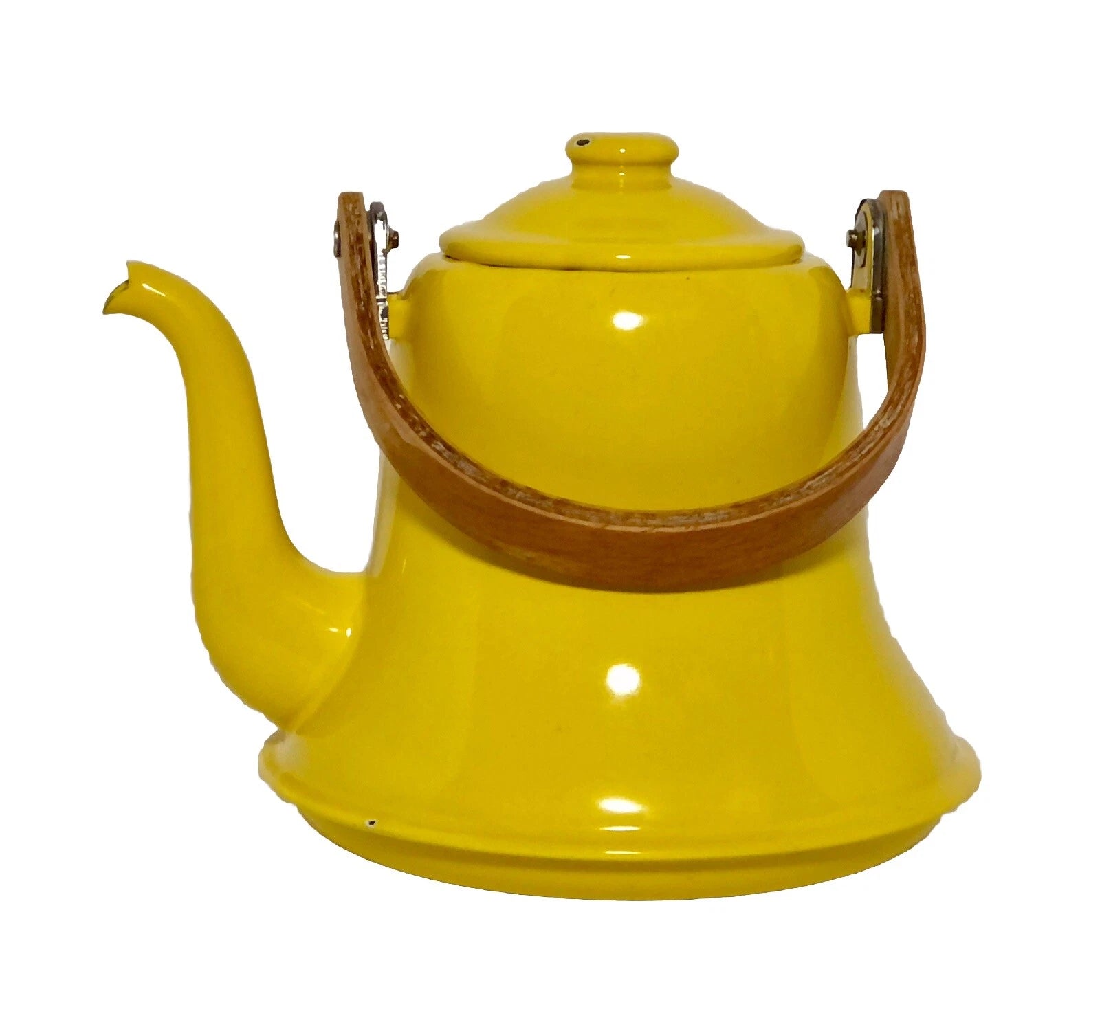 Vintage MCM Vibrant Yellow Enamel Tea Pot Teak Bent Wood Handle | eBay