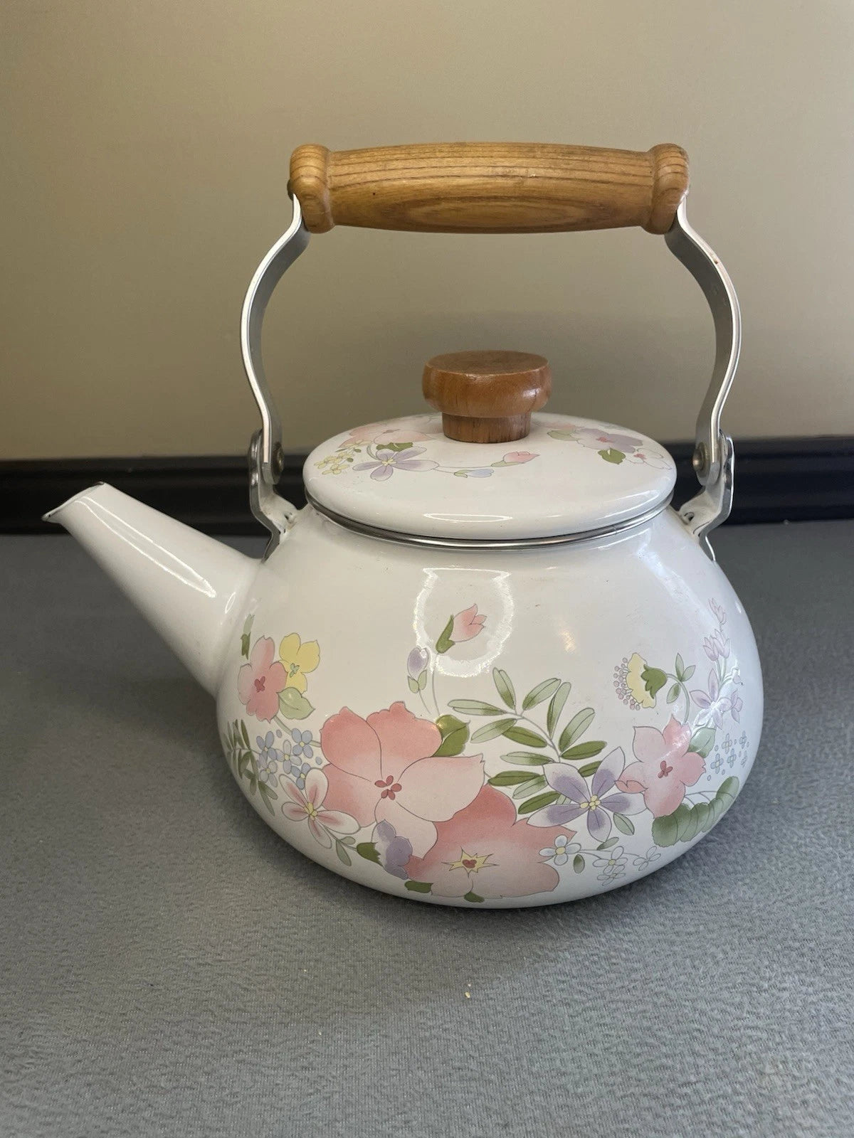 Vintage Enamel Teapot Floral pastel design w/ wood handle vintage farmhouse MCM | eBay