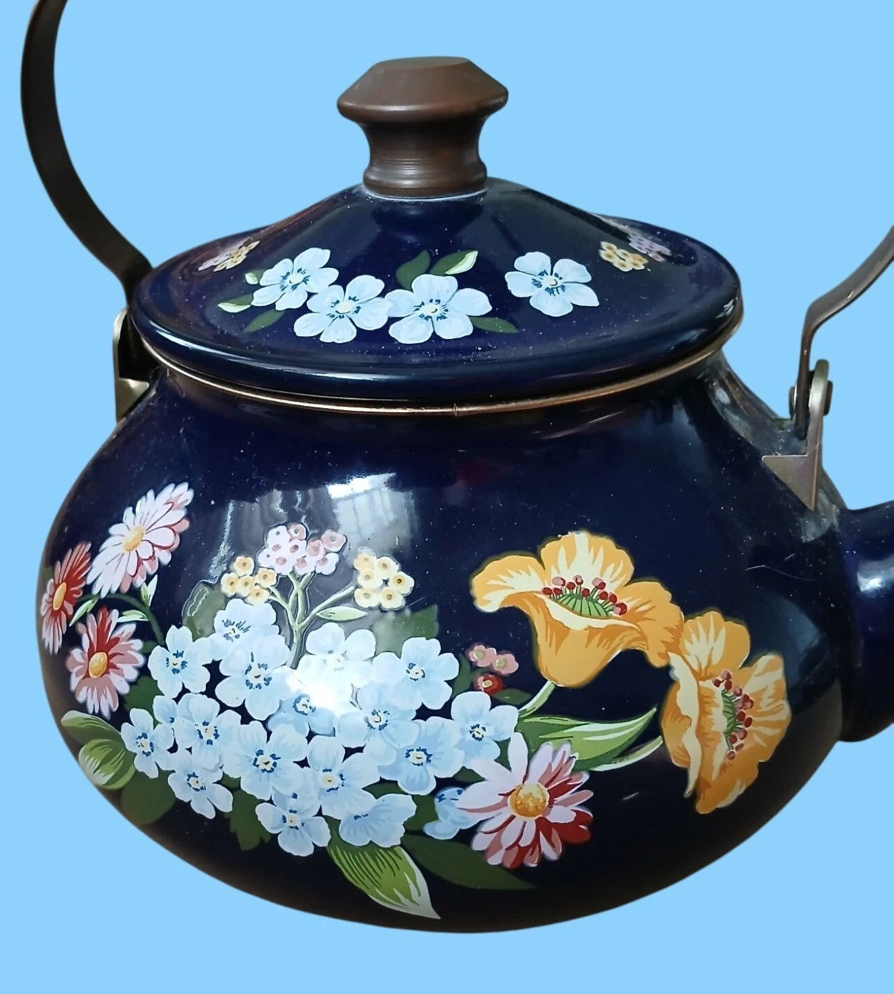 Vintage 80s Flower Garden Navy Blue Enamel Teapot Wooden Handle Cottage Kitchen | eBay