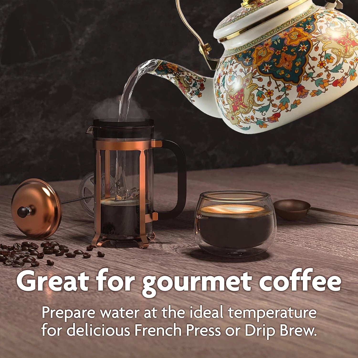 Vintage Floral Enamel Tea Kettle 2.5L Gold Beige Boho Stovetop Porcelain Handle | eBay