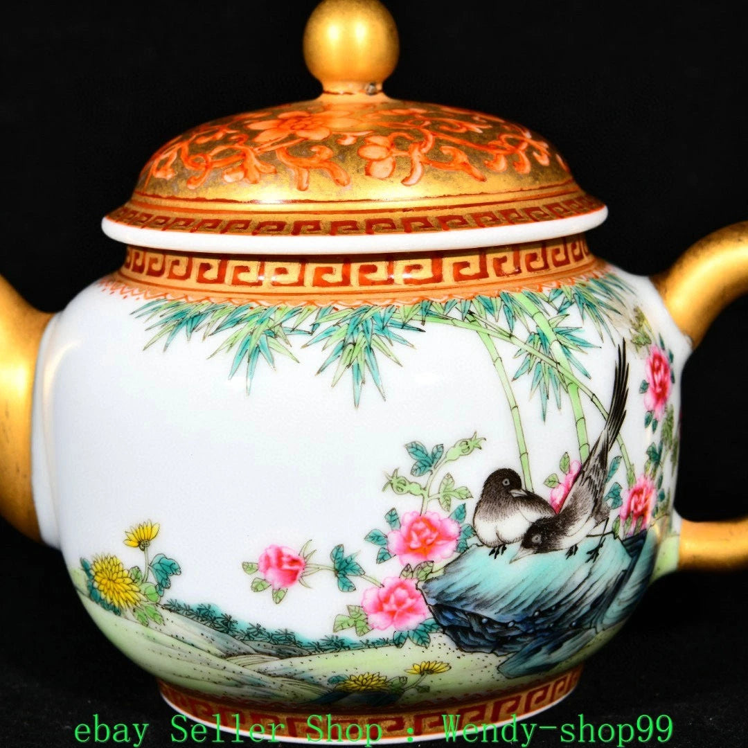 5" YongZheng Marked Colour Enamel Porcelain Gilt Bamboo Plum Magpie Bird Teapot | eBay