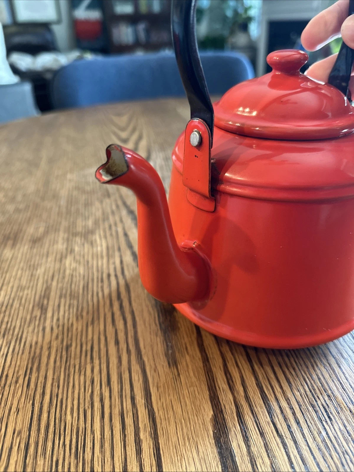 Red Enamel Tea Pot Mid Century Black Enamel Handle Vintage | eBay