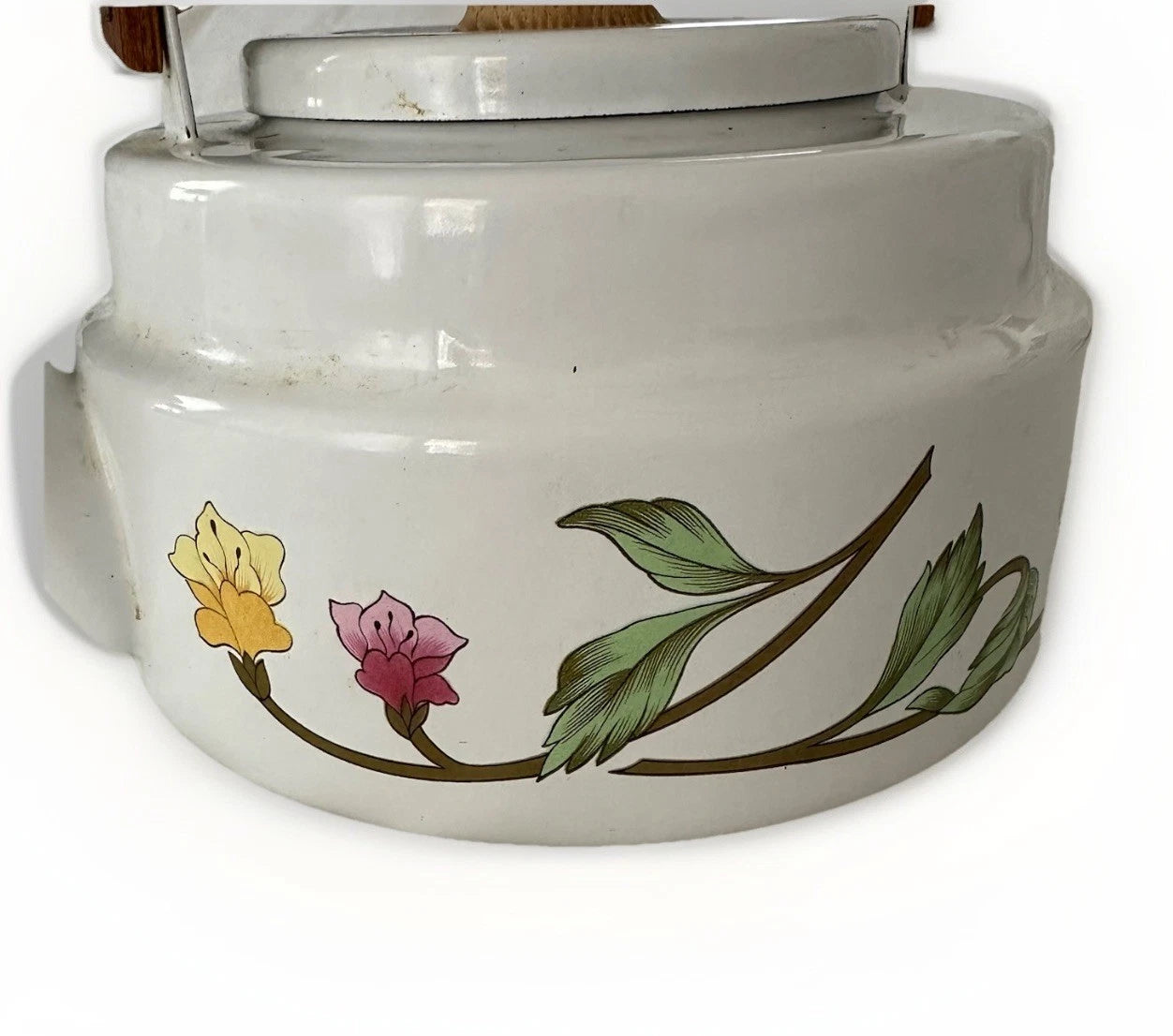 Vintage Gailstyn-Sutton White Enamel Floral Teapot Tea Kettle Wooden Handle 80’s | eBay