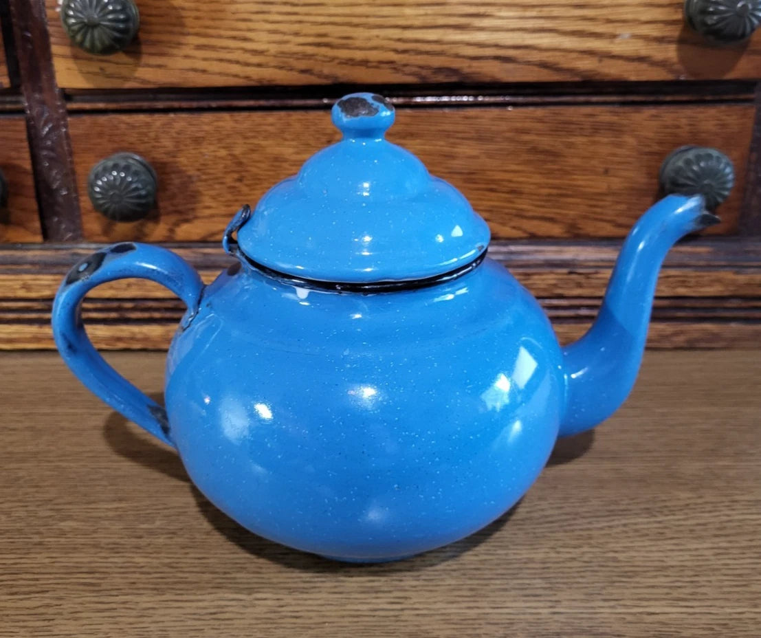 Vintage Small Gooseneck Enamelware Tea Kettle Coffee Pot Blue Teapot Collector | eBay