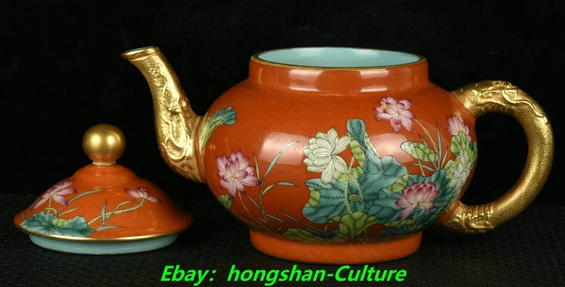7" Qianlong Red Glaze Enamel Colour Porcelain Gold Lotus Wine Tea Pot Flagon | eBay