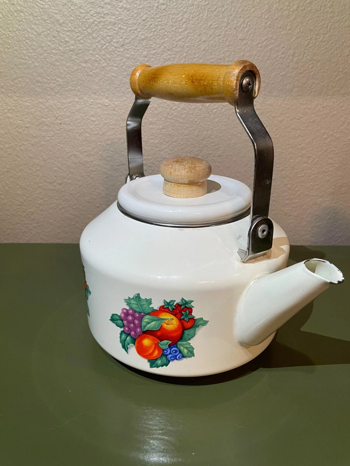 Vintage Old Enamel Porcelain Fruit Harvest Wood Handle Teapot Kettle | eBay