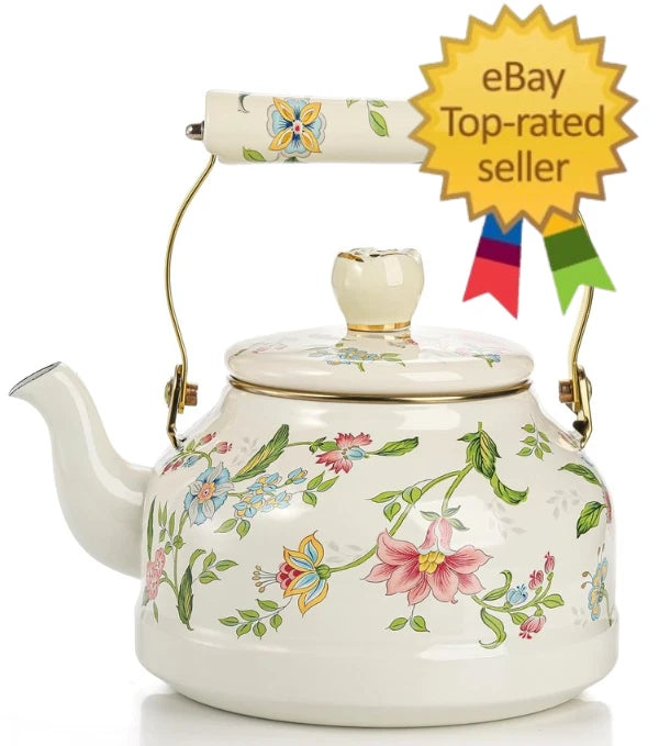 Vintage Enamel Tea Kettle 2.6 Qt Green Floral Stovetop Teapot Porcelain Handle | eBay