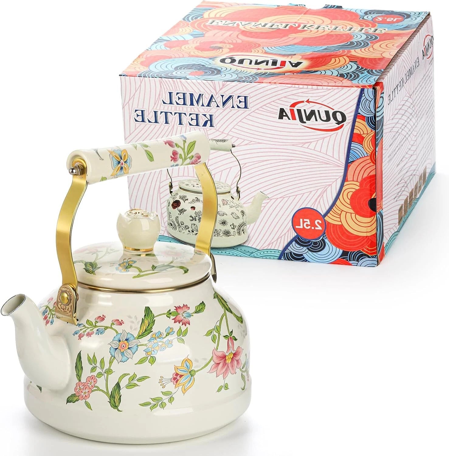 Vintage Enamel Tea Kettle 2.6 Qt Green Floral Stovetop Teapot Porcelain Handle | eBay