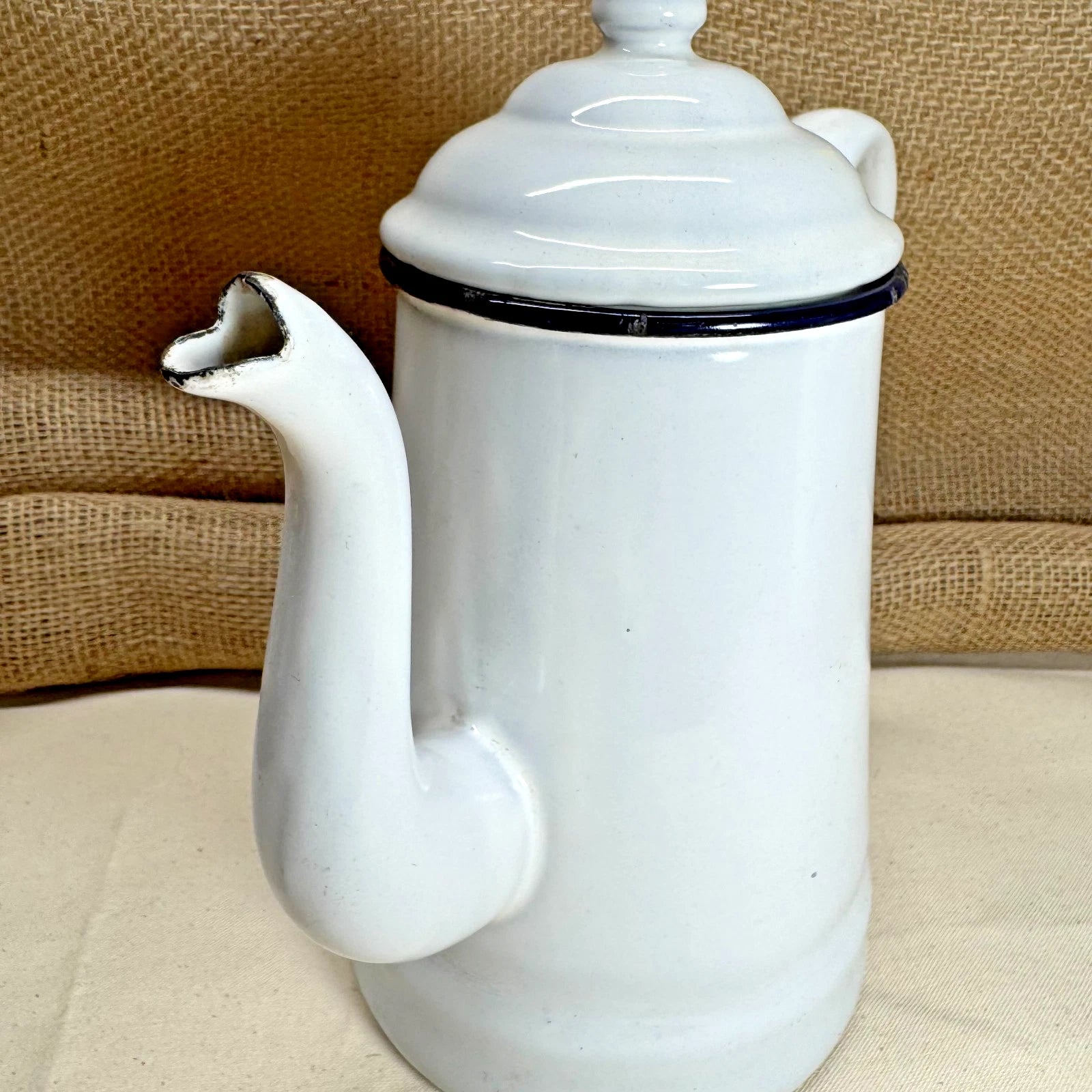Vintage Enamel Coffee Tea Pot w Goose Neck Spout White w Blue Rim | eBay