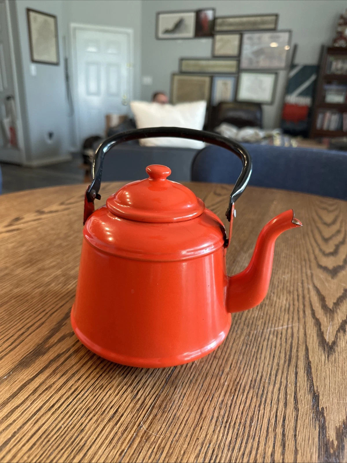 Red Enamel Tea Pot Mid Century Black Enamel Handle Vintage | eBay