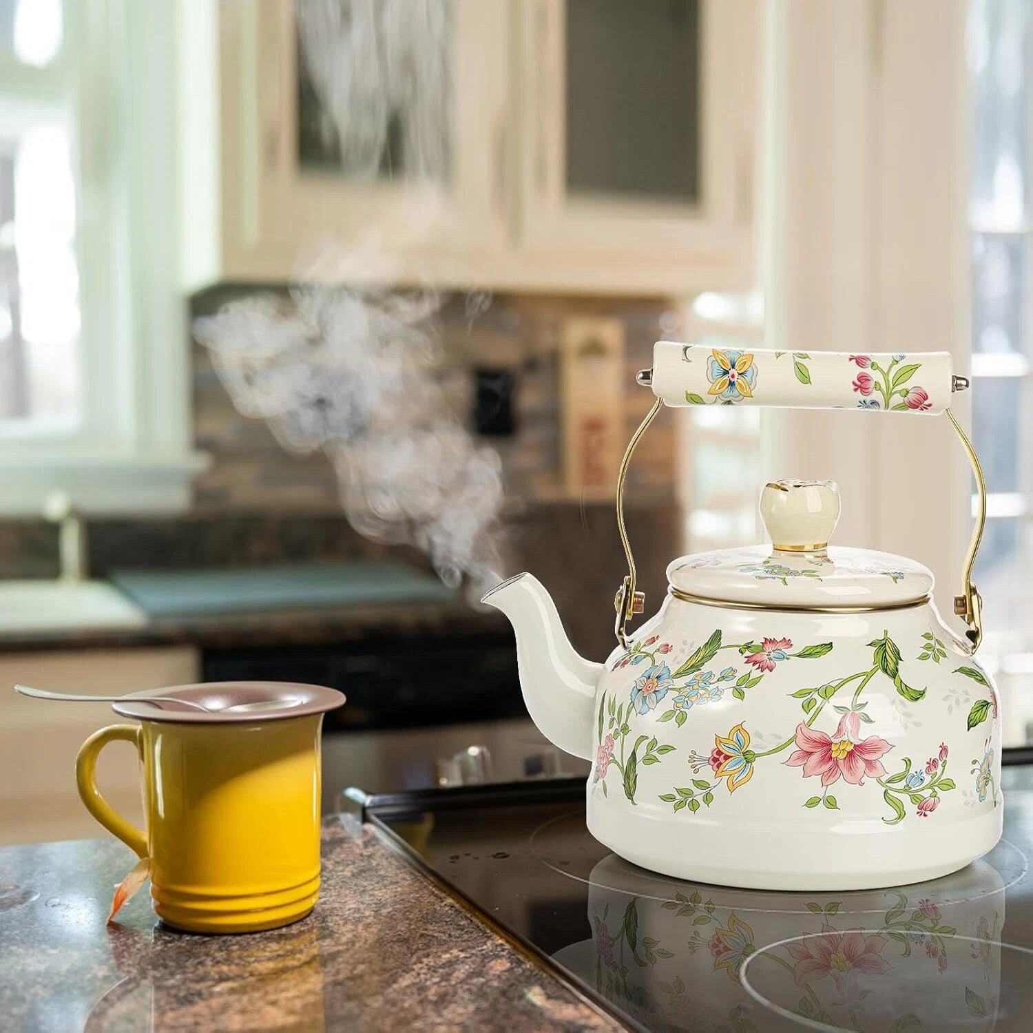 Vintage Enamel Tea Kettle 2.6 Qt Green Floral Stovetop Teapot Porcelain Handle | eBay