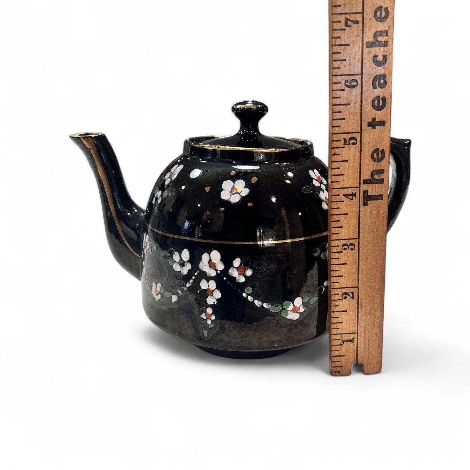 Vintage Black Glazed Teapot with Hand Painted Enamel Flowers & Gold Trim c1930s | eBay