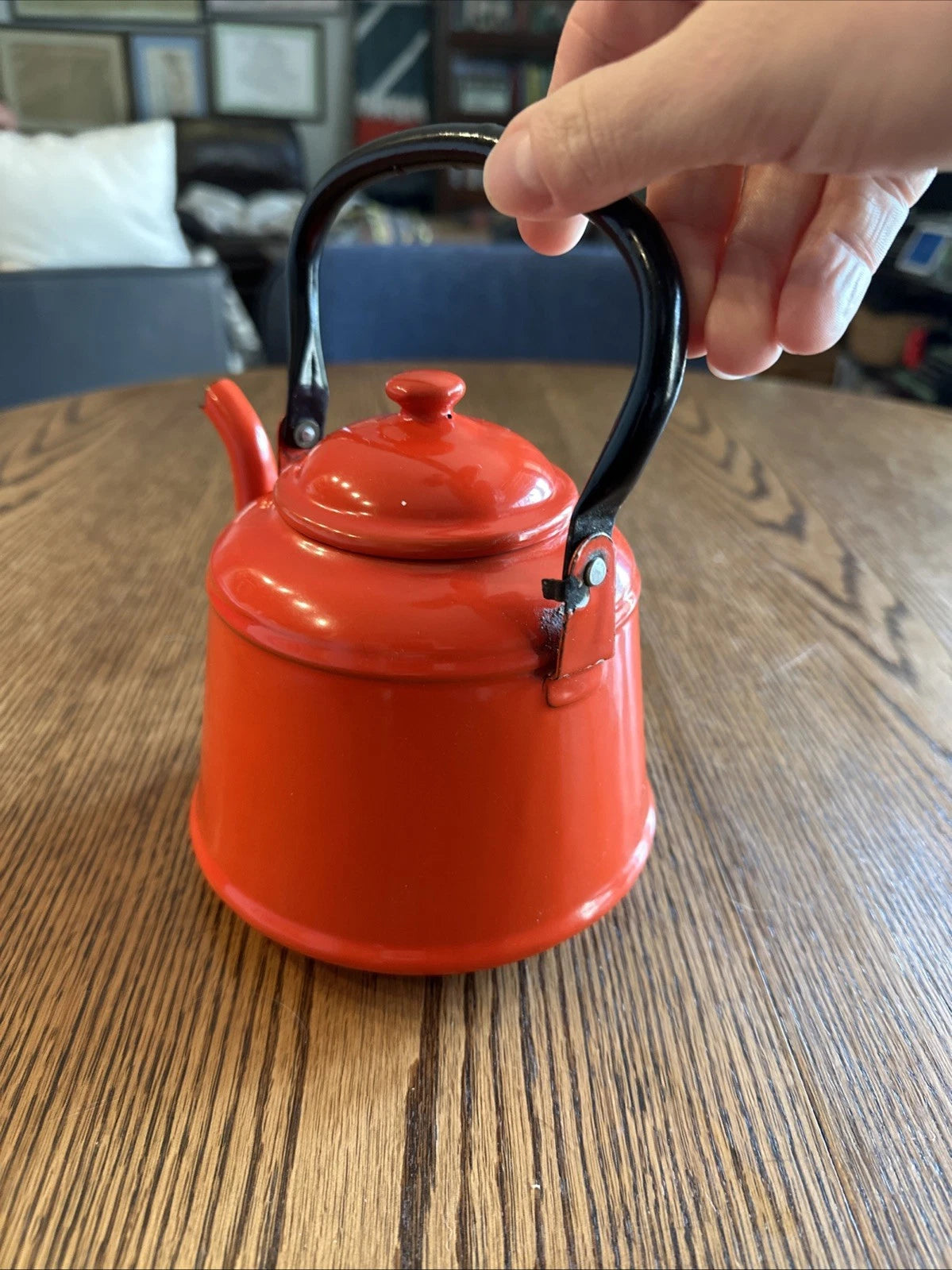 Red Enamel Tea Pot Mid Century Black Enamel Handle Vintage | eBay