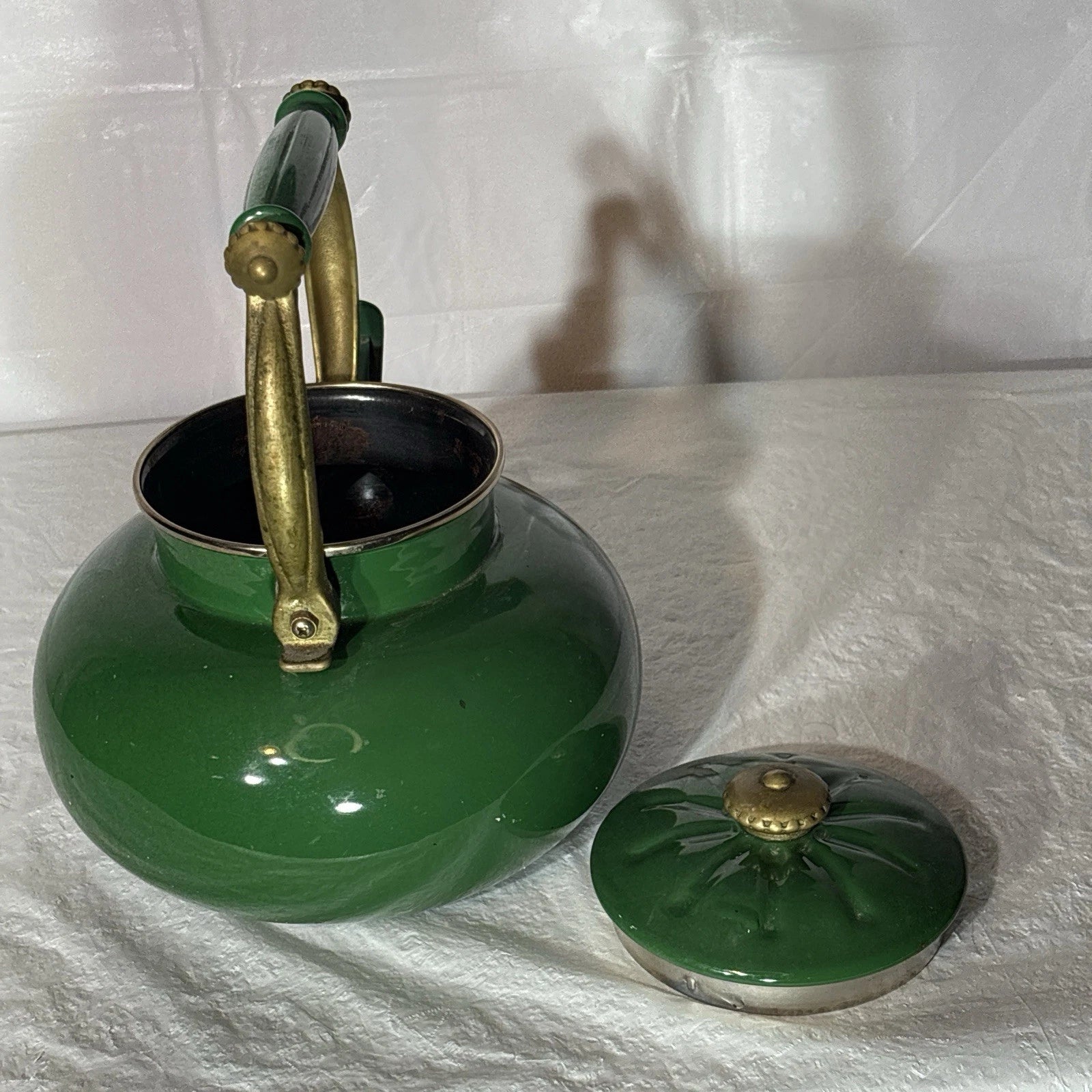 Vtg Ancona green enamel stainless steel teapot kettle/ brass handle, decorative | eBay