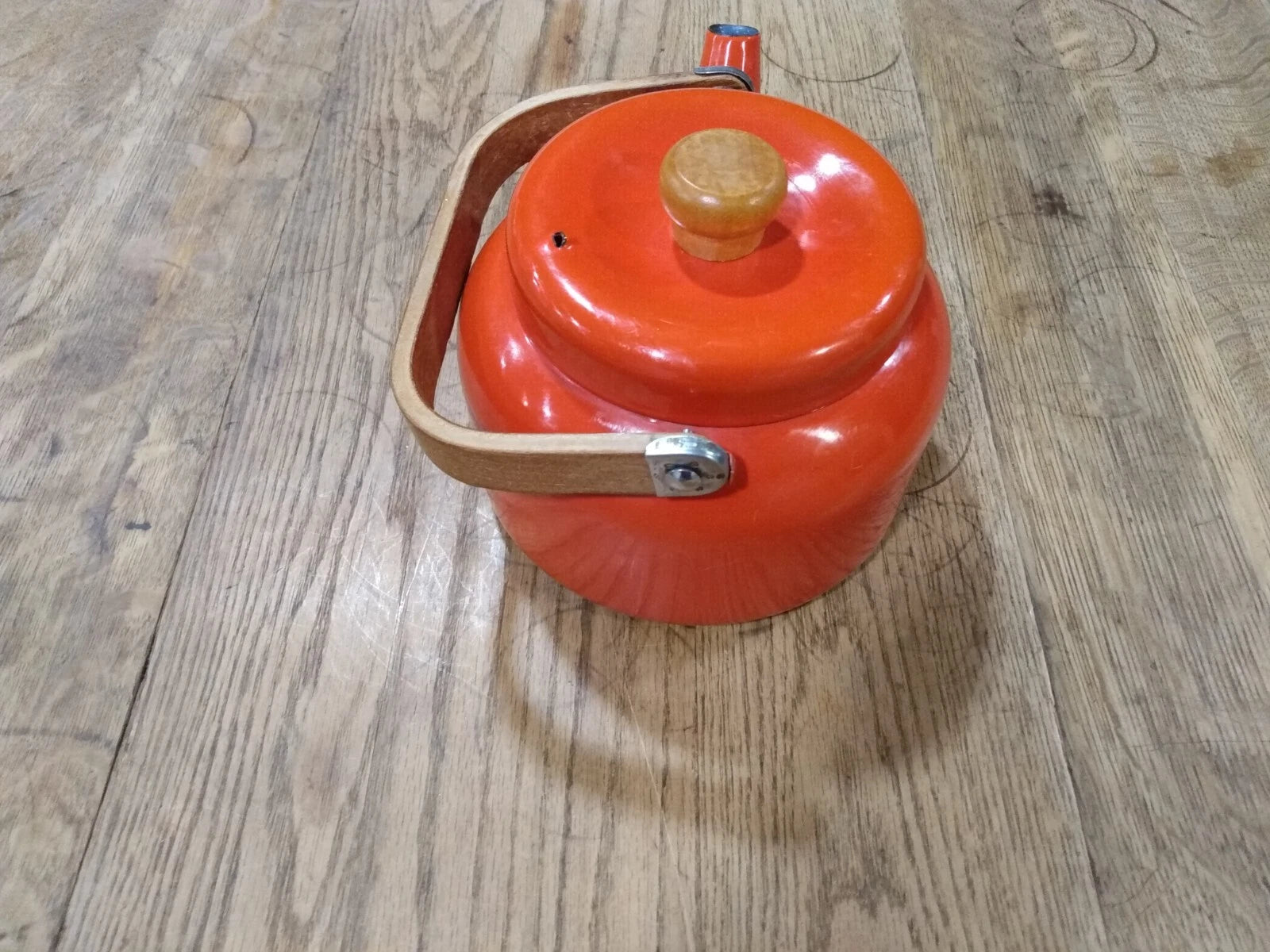 Vintage RED enamel ware Tea Pot Kettle Bent Wood Handle Retro, Mid Century | eBay