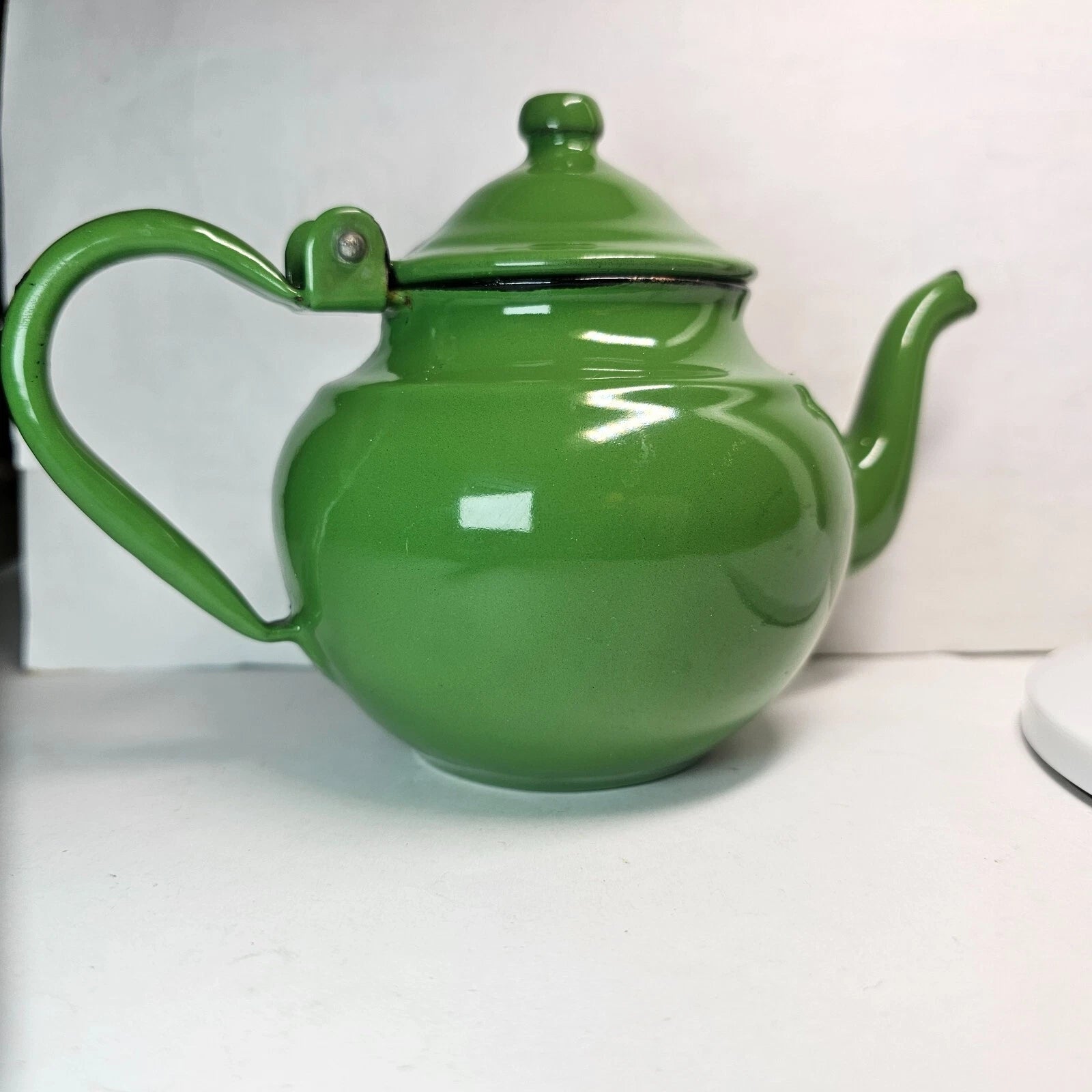 SMALL GREEN ENAMEL TEAPOT PITCHER POT PORCELAIN METAL w/ LID WHITE BLACK ANTIQUE | eBay