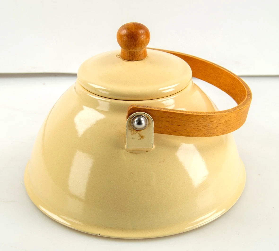 Vintage Cream Enamel Kettle Zen Teapot Wood Handle | eBay