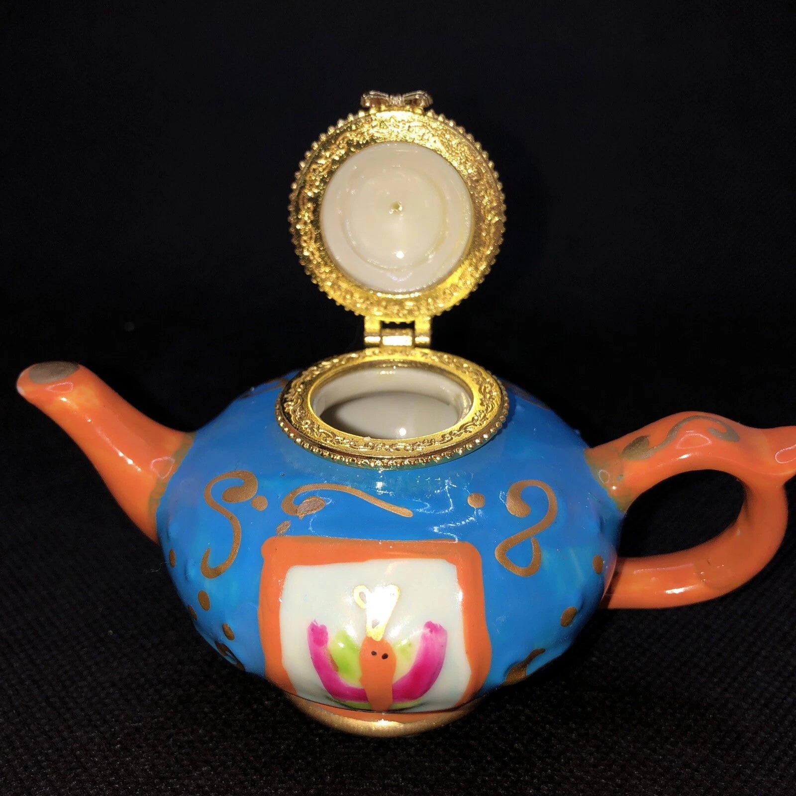 Porcelain Enameled Teapot Trinket Box Hinged Lid Gold Trim Unused Hand Painted | eBay