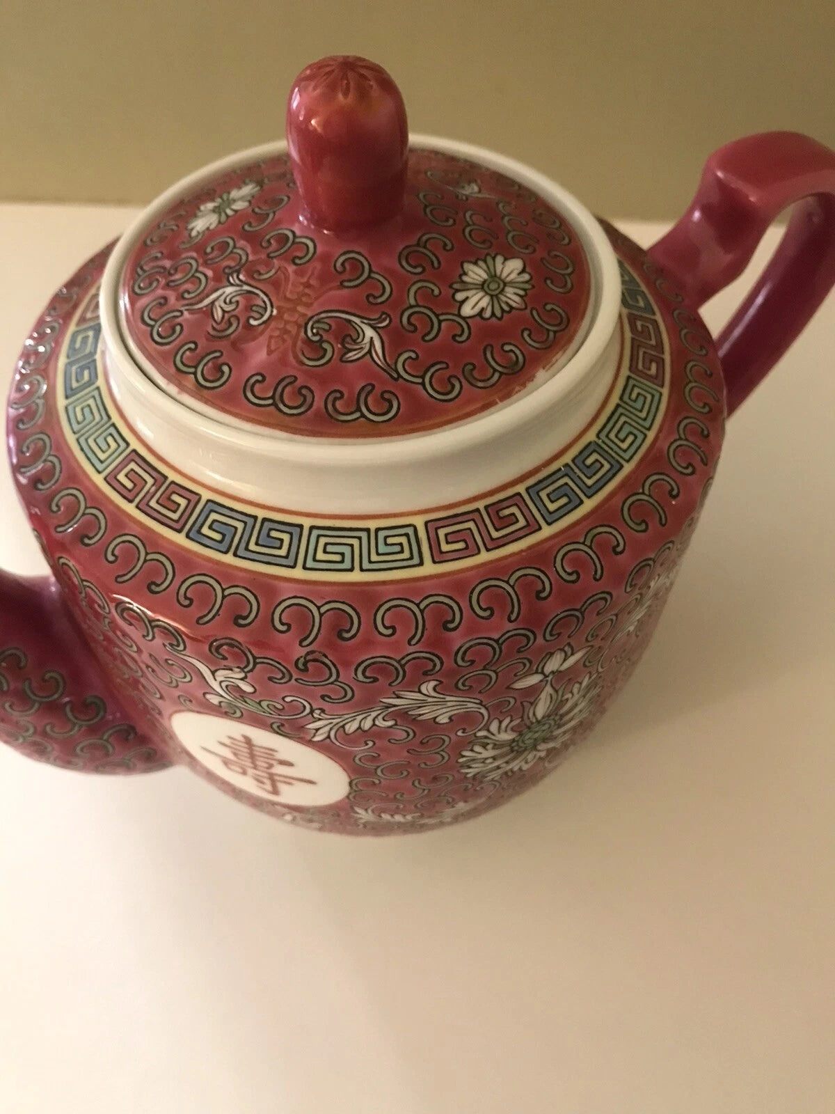 Vintage Chinese Red Enamel Porcelain "Mun Shou" Longevity Teapot | eBay