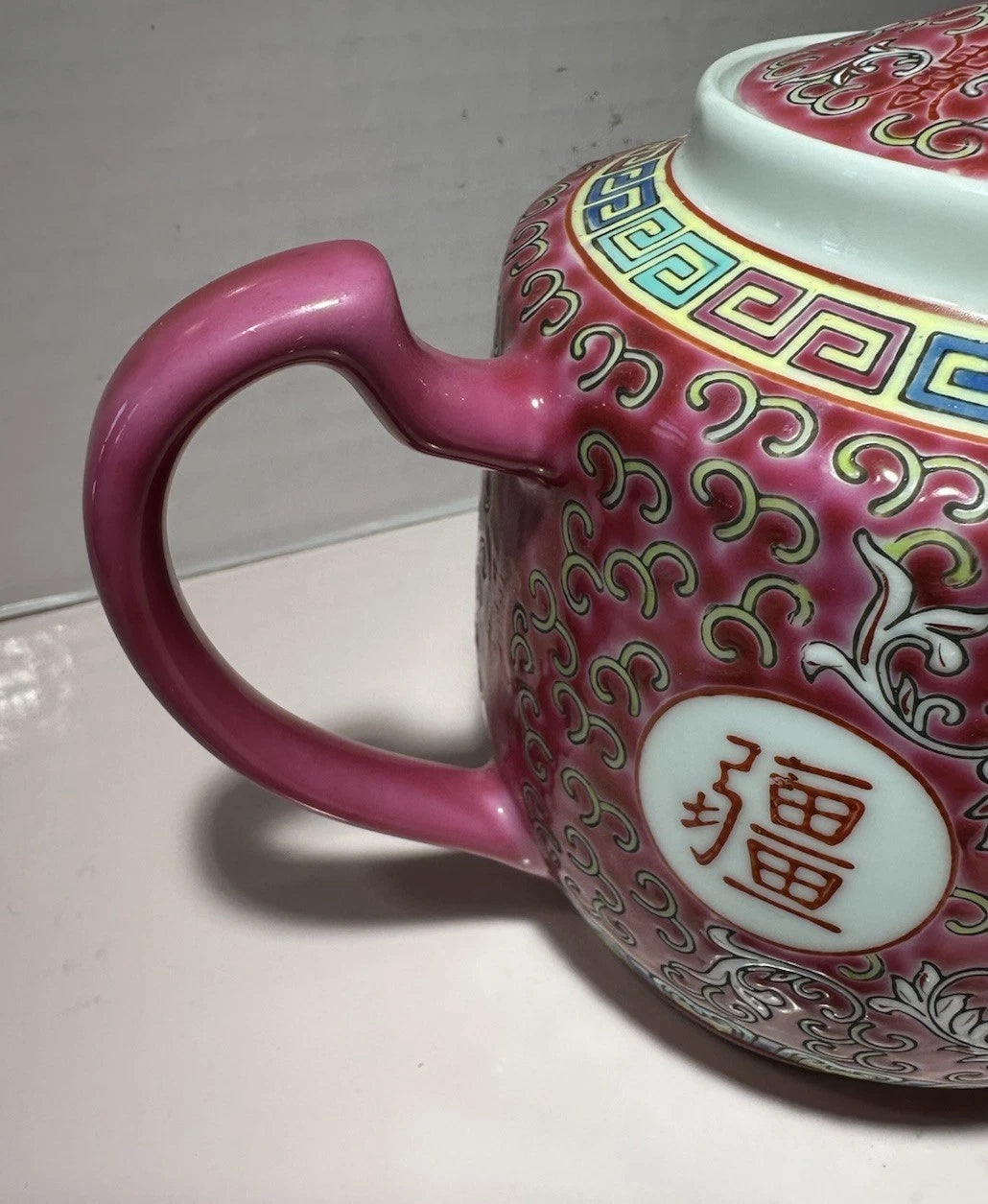 Red Famille Rose HP Enamel Porcelain 6” Chinese Longevity Mun Shou Teapot VTG | eBay