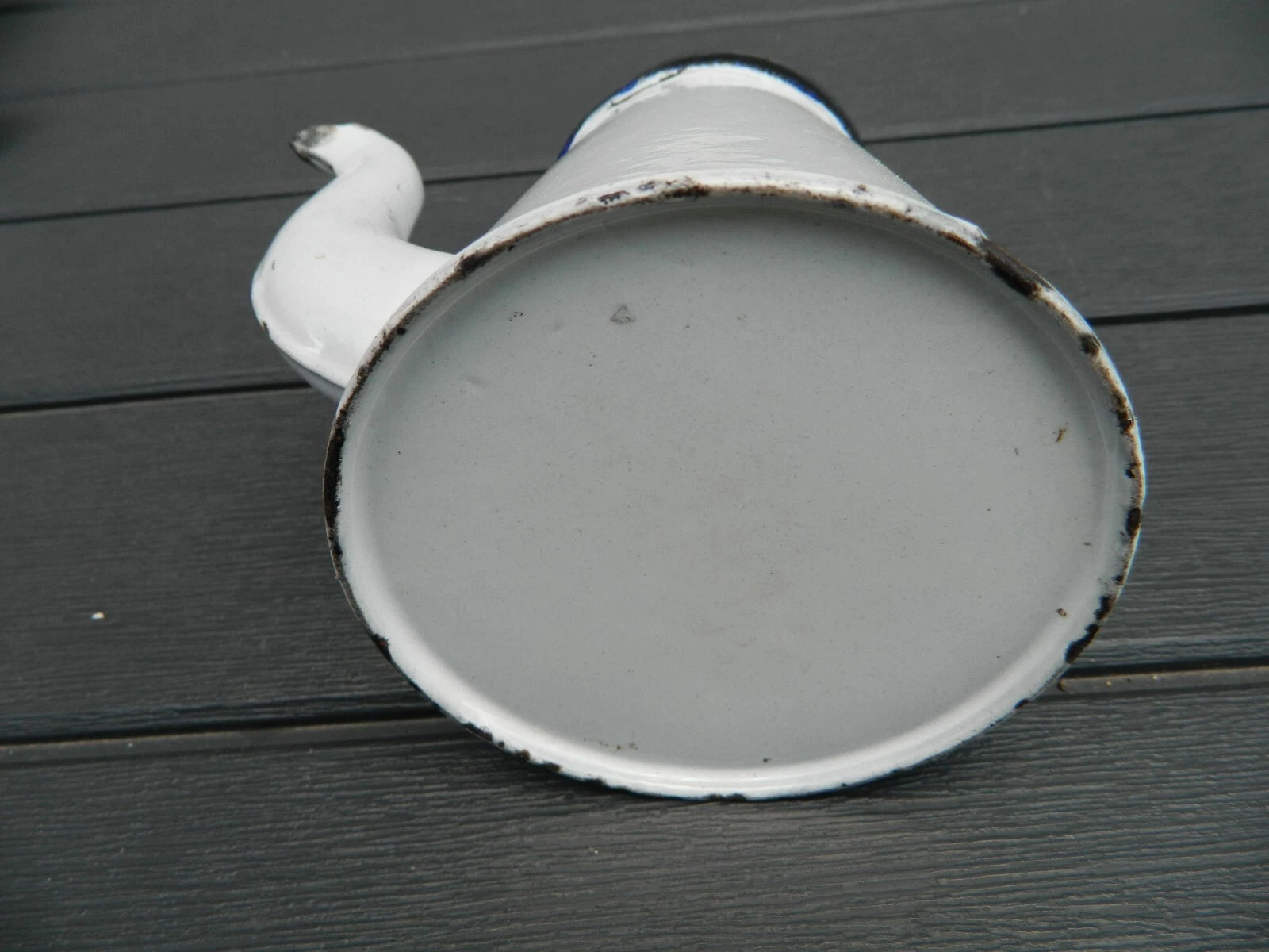 Primitive White Enamelware teapot with black top blue handle 3" diameter | eBay