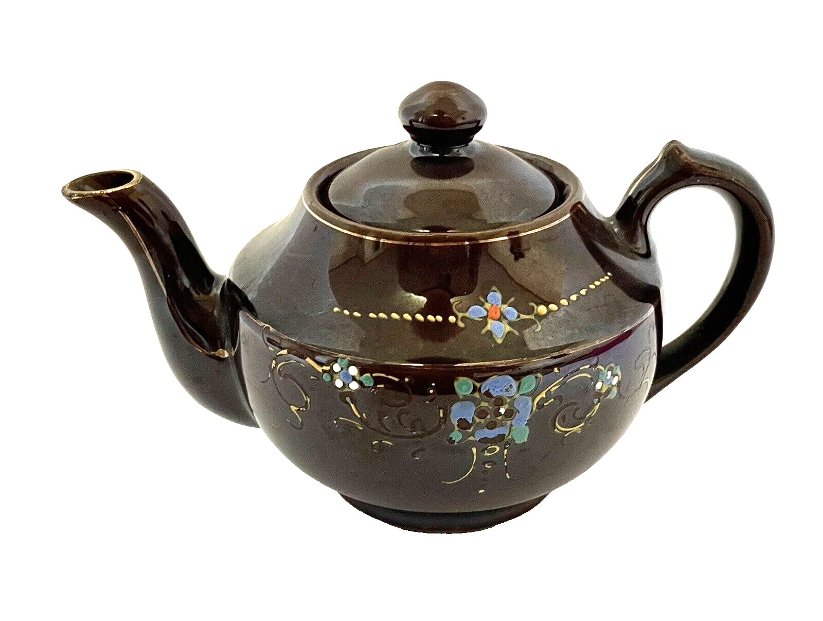 Redware Small Teapot Gold Trim Hand Painted Enamel Flowers Vintage Japan | eBay