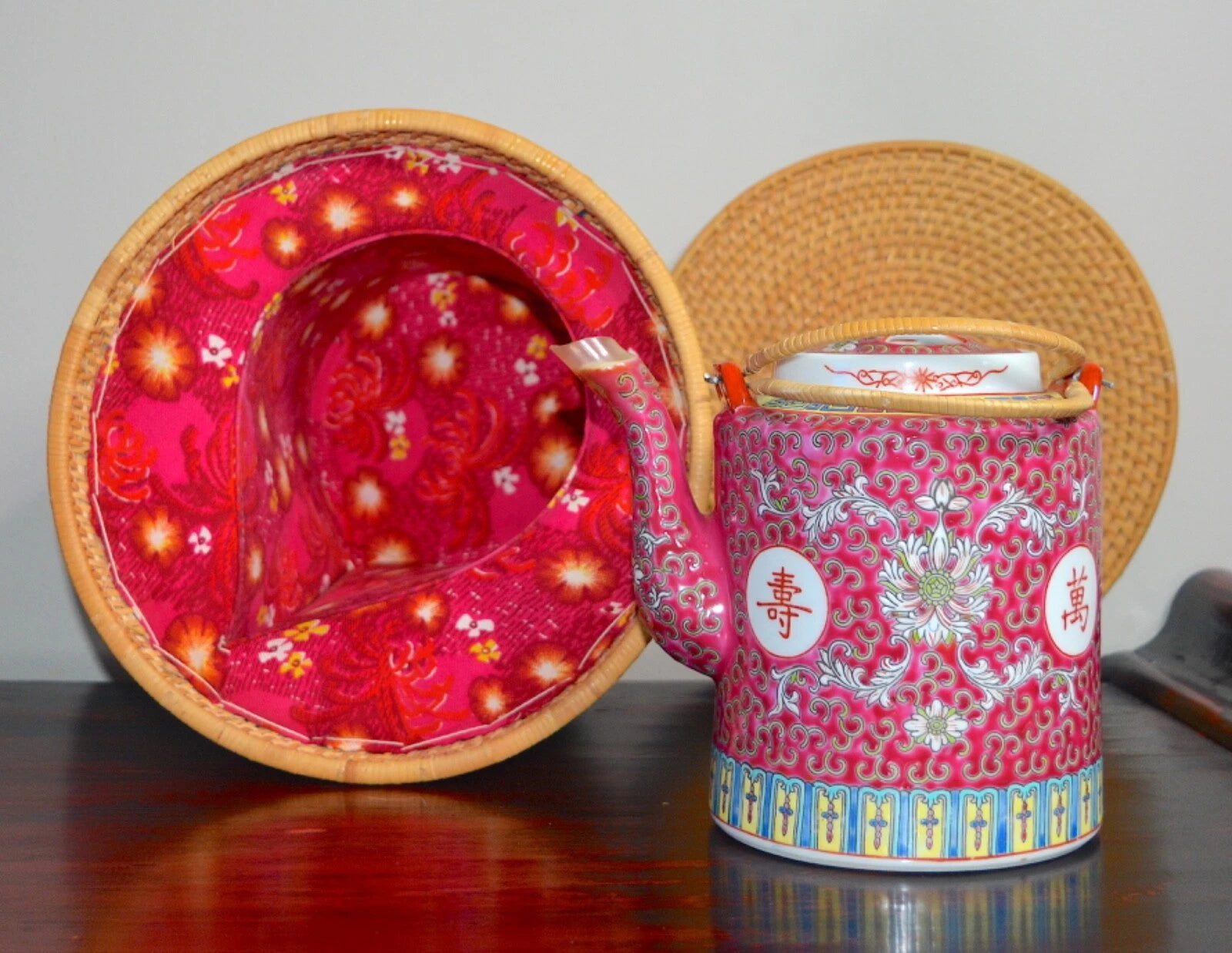 Chinese Famille Rose Enameled Porcelain Tea Pot Early 20thC Extra Lid & Basket | eBay