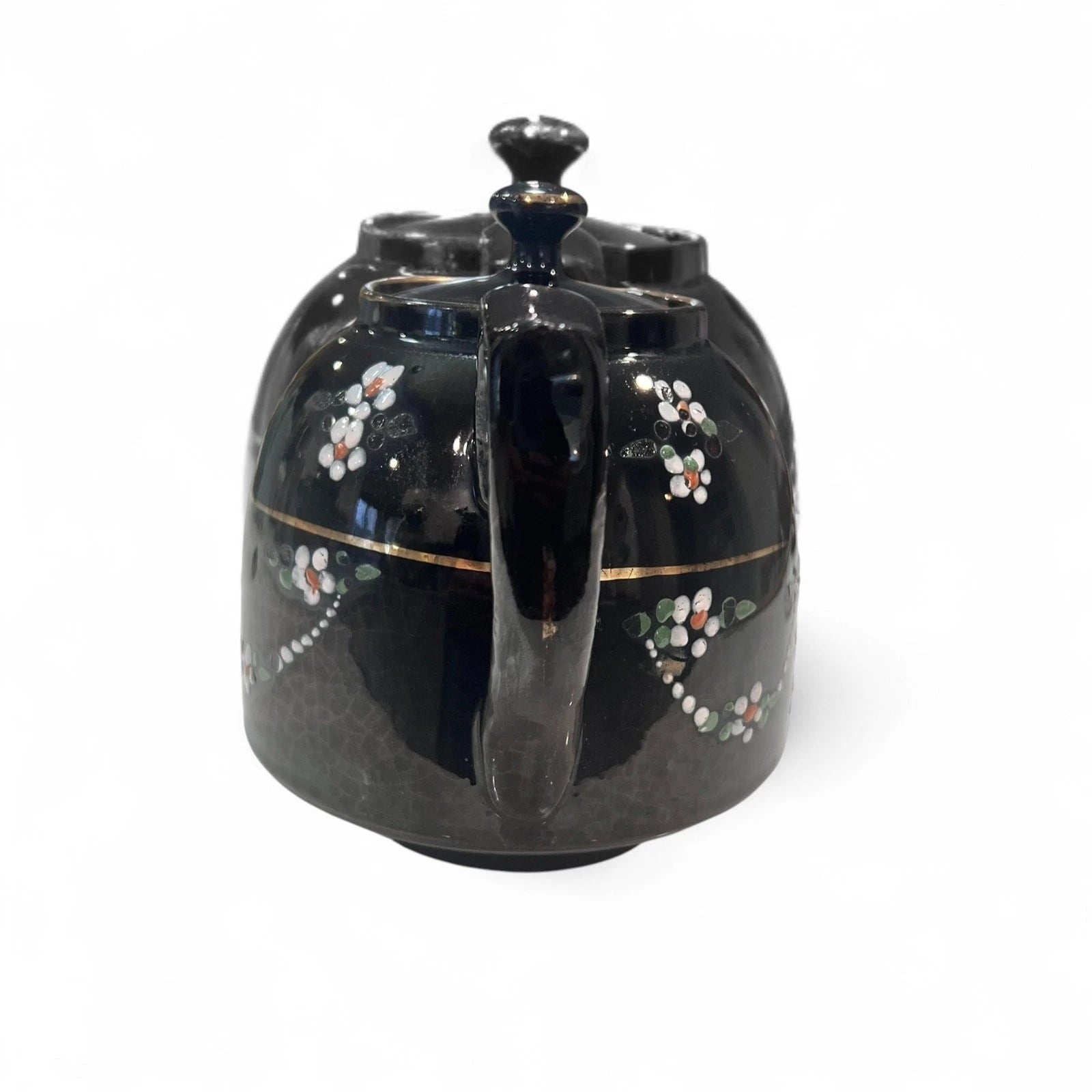 Vintage Black Glazed Teapot with Hand Painted Enamel Flowers & Gold Trim c1930s | eBay