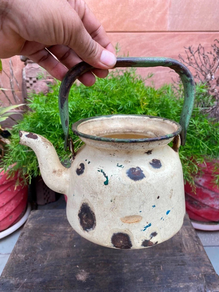Collectible Old Cream Green Rustic Enamel Porcelain Teapot Tea Kettle | eBay