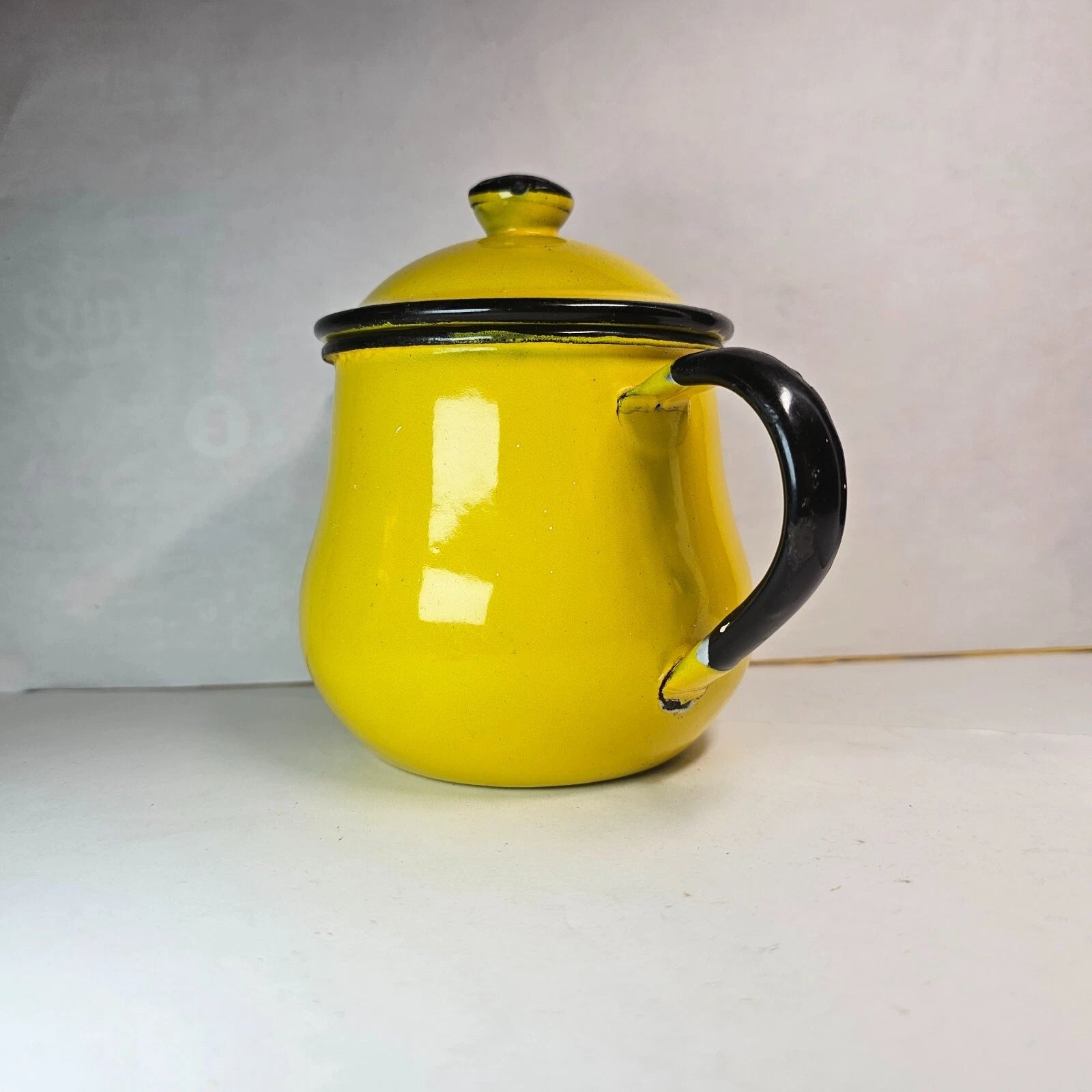 SMALL YELLOW ENAMEL TEAPOT PITCHER JAPAN PORCELAIN METAL LID BLACK ANTIQUE OTO | eBay