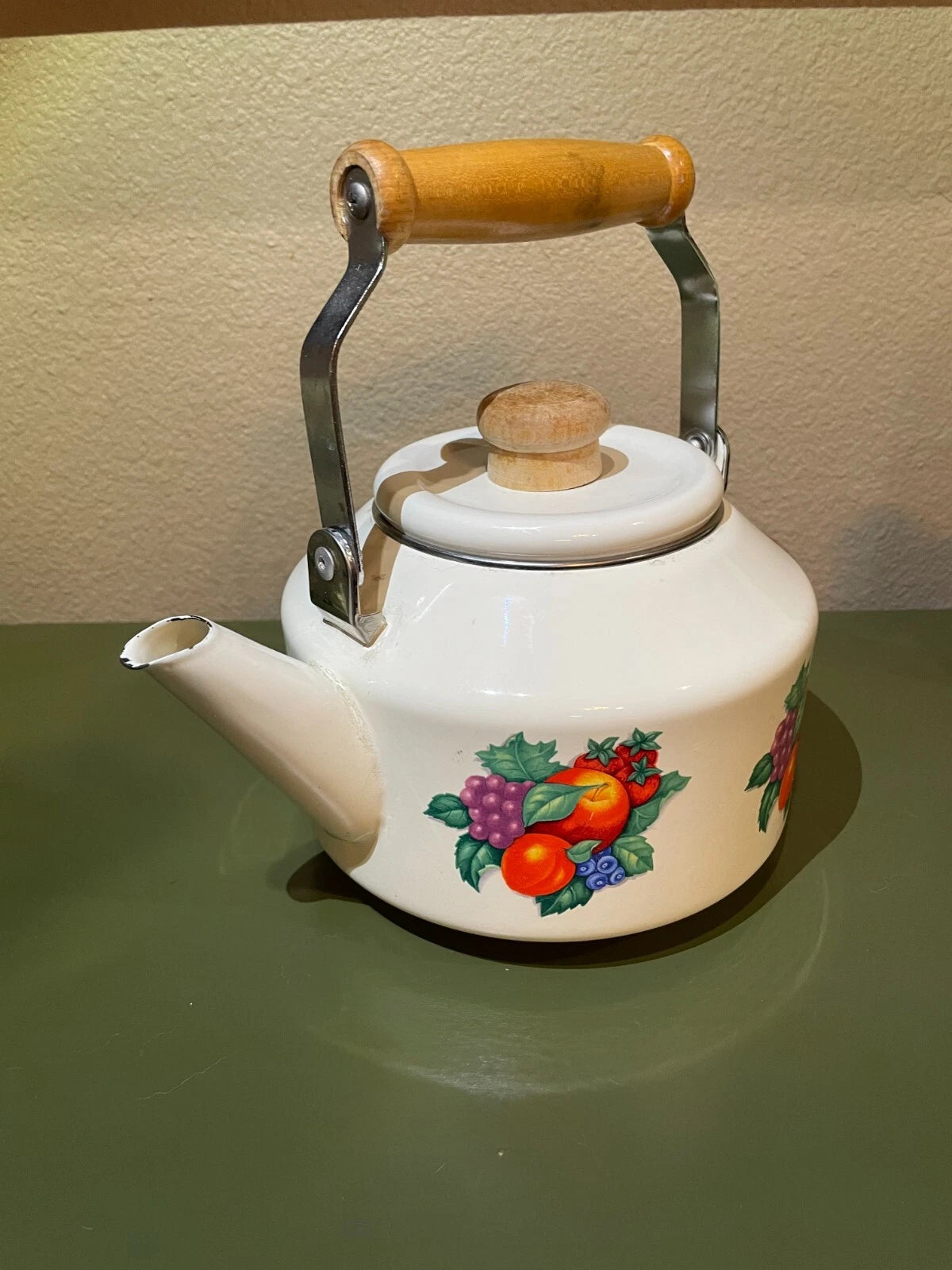 Vintage Old Enamel Porcelain Fruit Harvest Wood Handle Teapot Kettle | eBay
