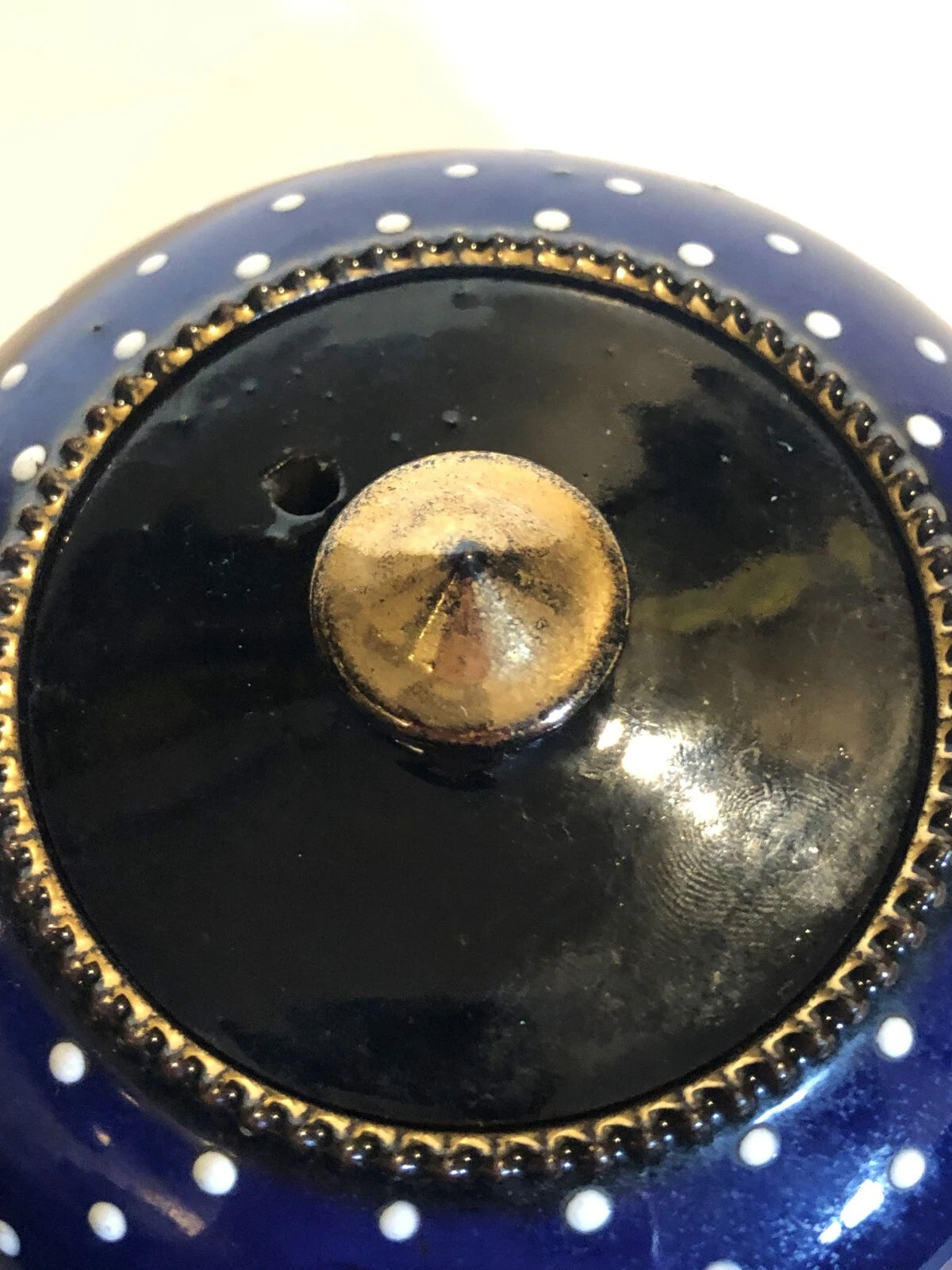 Vintage Teapot Cobalt Blue, Jet Black, White Enameled Dots with Gold Accents | eBay
