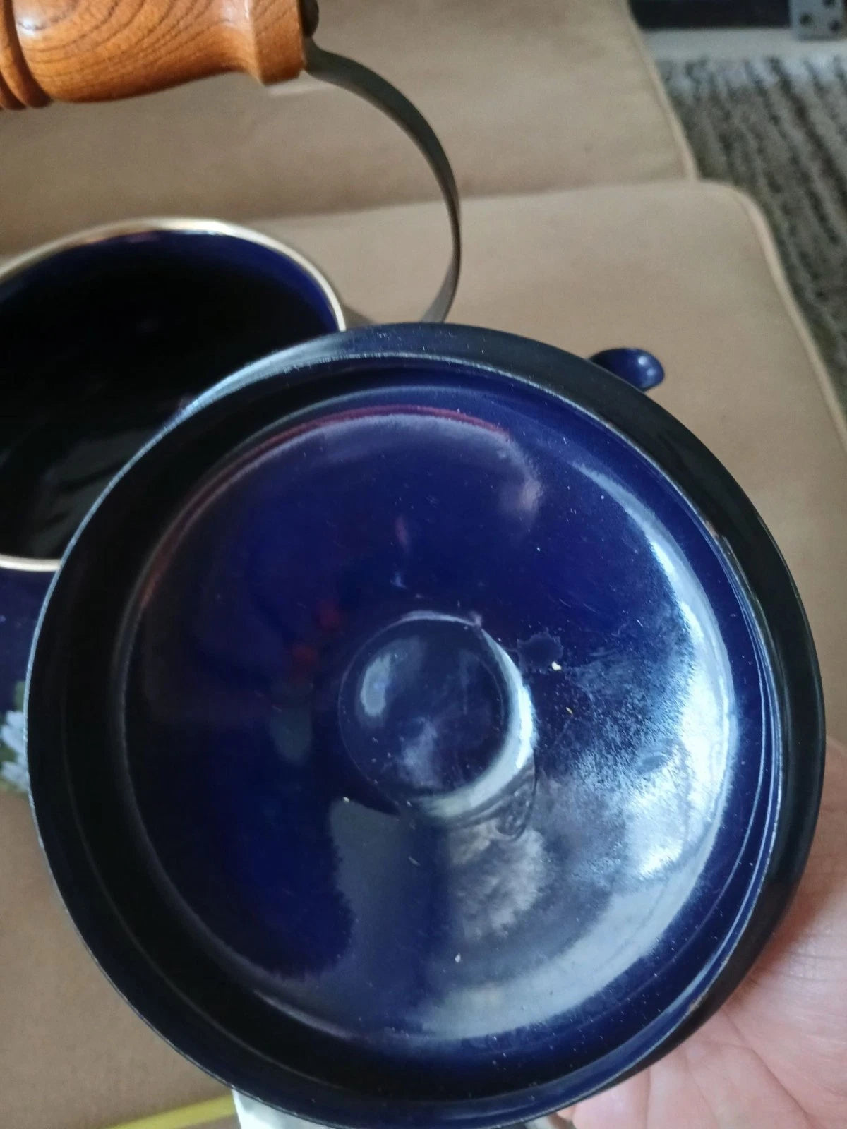 Vintage 80s Flower Garden Navy Blue Enamel Teapot Wooden Handle Cottage Kitchen | eBay