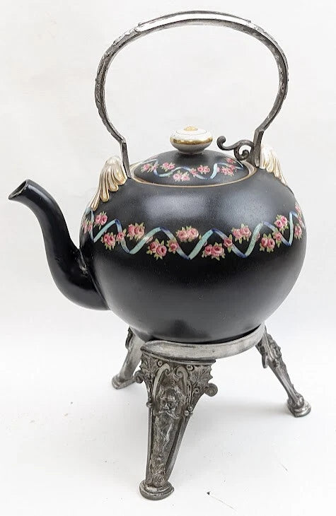 Antique Teapot Kettle on Stand Victorian Meriden Silver Plate Porcelain Enamel | eBay