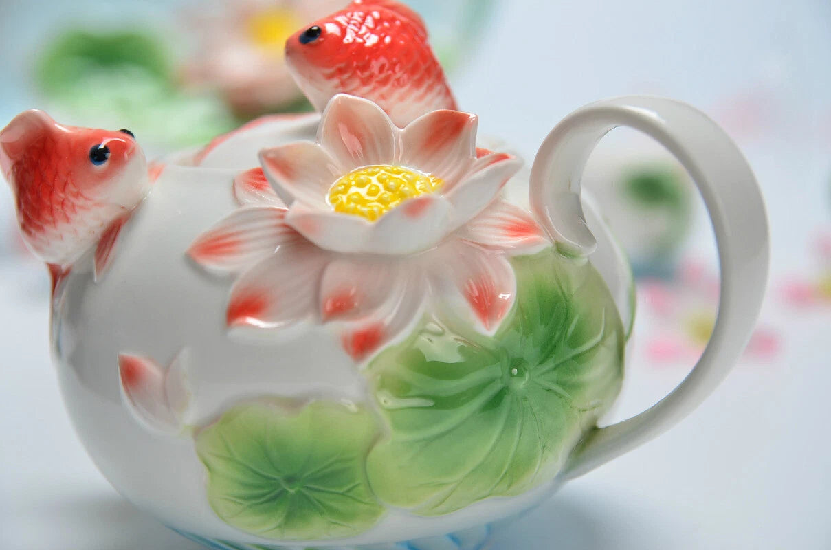 Enamel Coffee Tea Pot Relievo Lotus Porcelain Kettle Ceramic Chinese | eBay