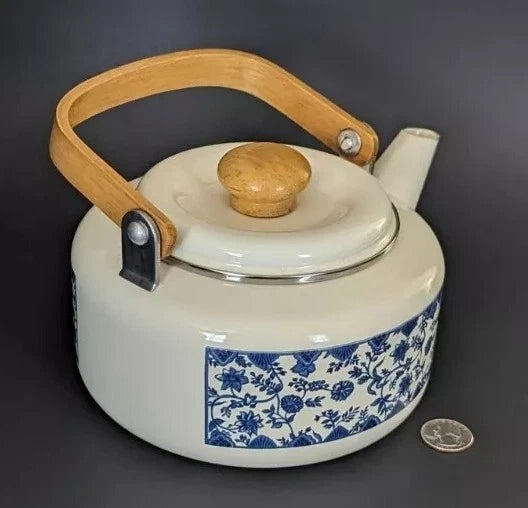 Charming White Enamel Ware Blue Flowers 9” w Spout Teapot Beautiful Excellent | eBay